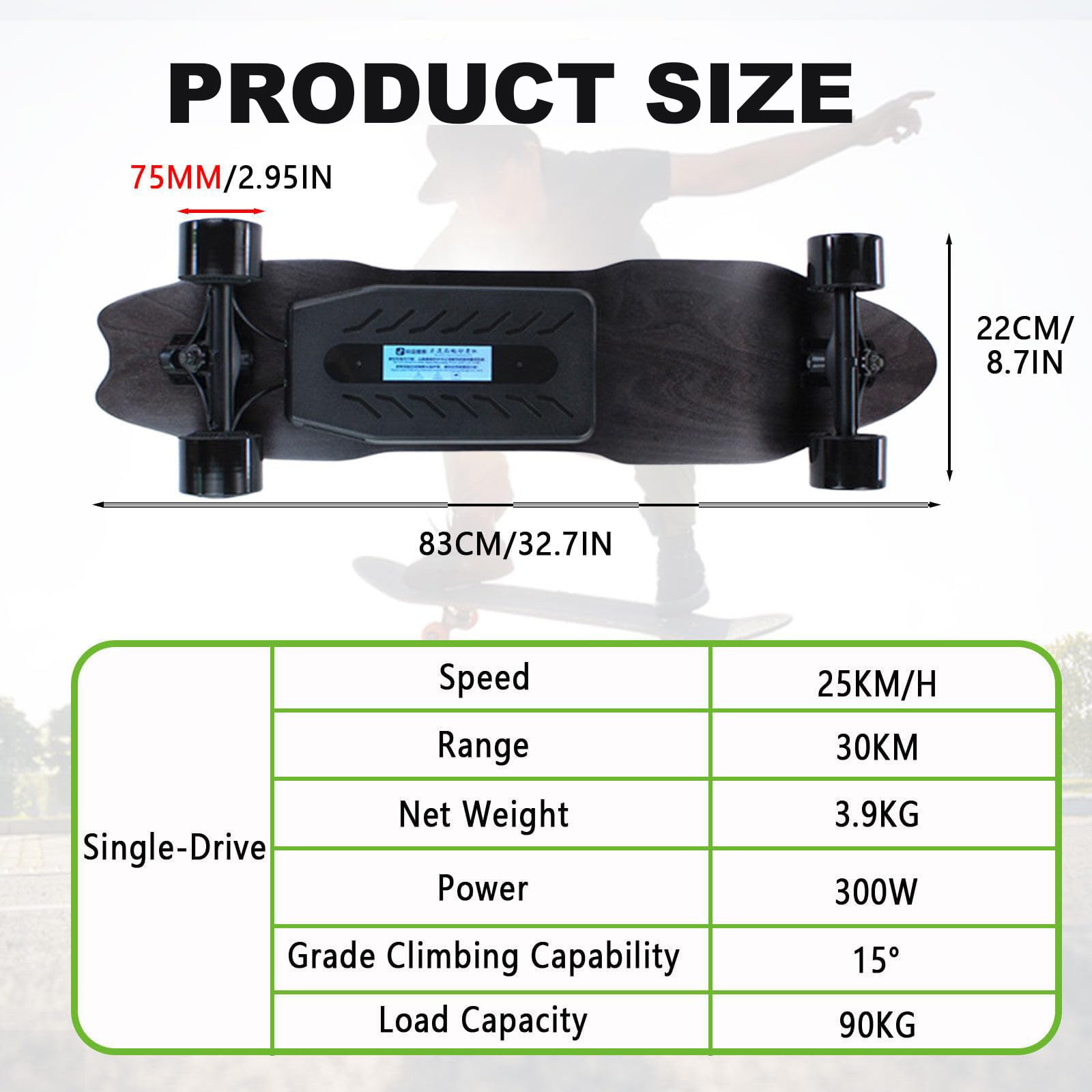 Skateboard électrique avec Télécommande, 7 Plis D'érable, Autonomie 8/15/22/30 Km, 4 Vitesses, Vitesse Maximale 25 Km/H, Longboard Idéal pour Les Trajets Domicile-Travail des Débutants 30KM
