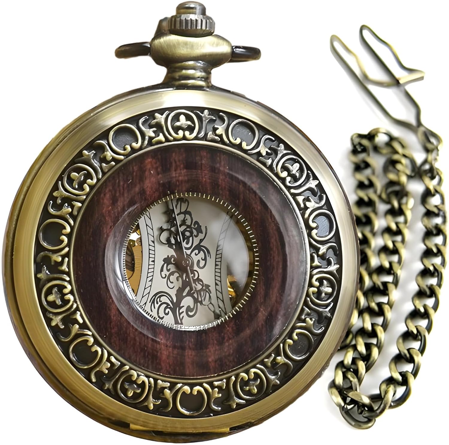 Men's Retro Mechanical Pocket Watch, Roman Numerals, Manual Winding, Bronze Finish Zinc Alloy Case, 1.97 Transparent Dial, Chain Included