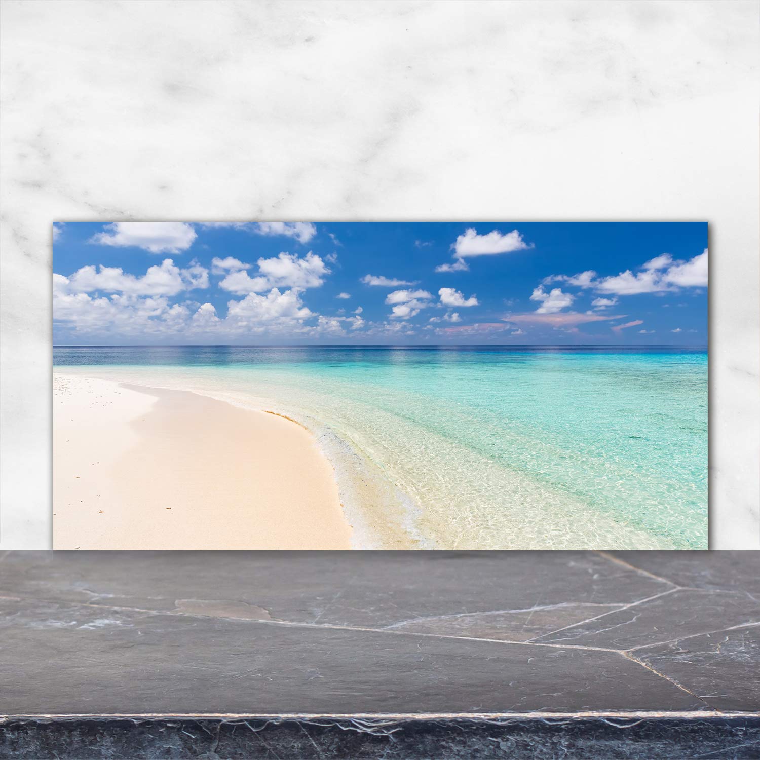 Crédence Cuisine En Verre Trempé 120x60 Cm - Motif Plage Tropicale Bleu, Antitache, Facile à Poser