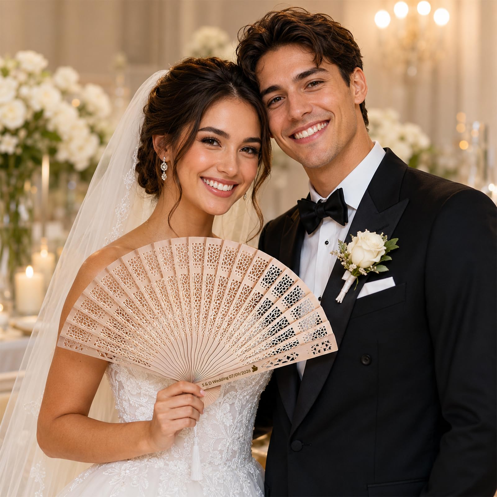 50 Ventagli Personalizzati Matrimonio – Bomboniere Legno | Gravure nome/data | Ventaglio in legno | Borsa organza | Bomboniera matrimonio