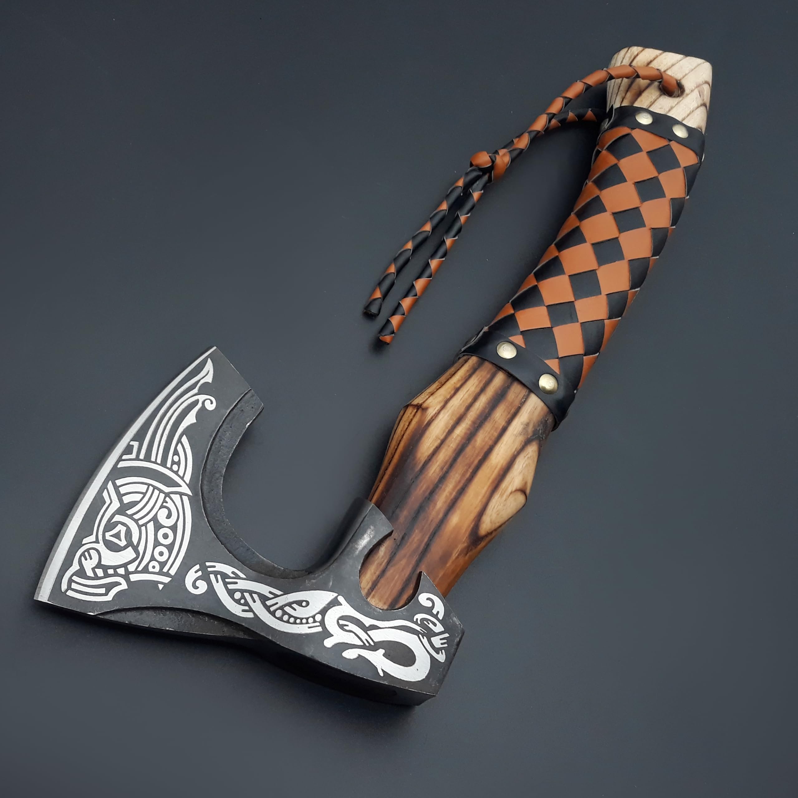 SHINY CRAFTS® Handcrafted Decorative Viking Axe with Leather-Wrapped Handle & Sheath – Engraved Blade – Ceremonial Collectible Gift for Men, History Buffs, Cosplay & Display (VBA-03)