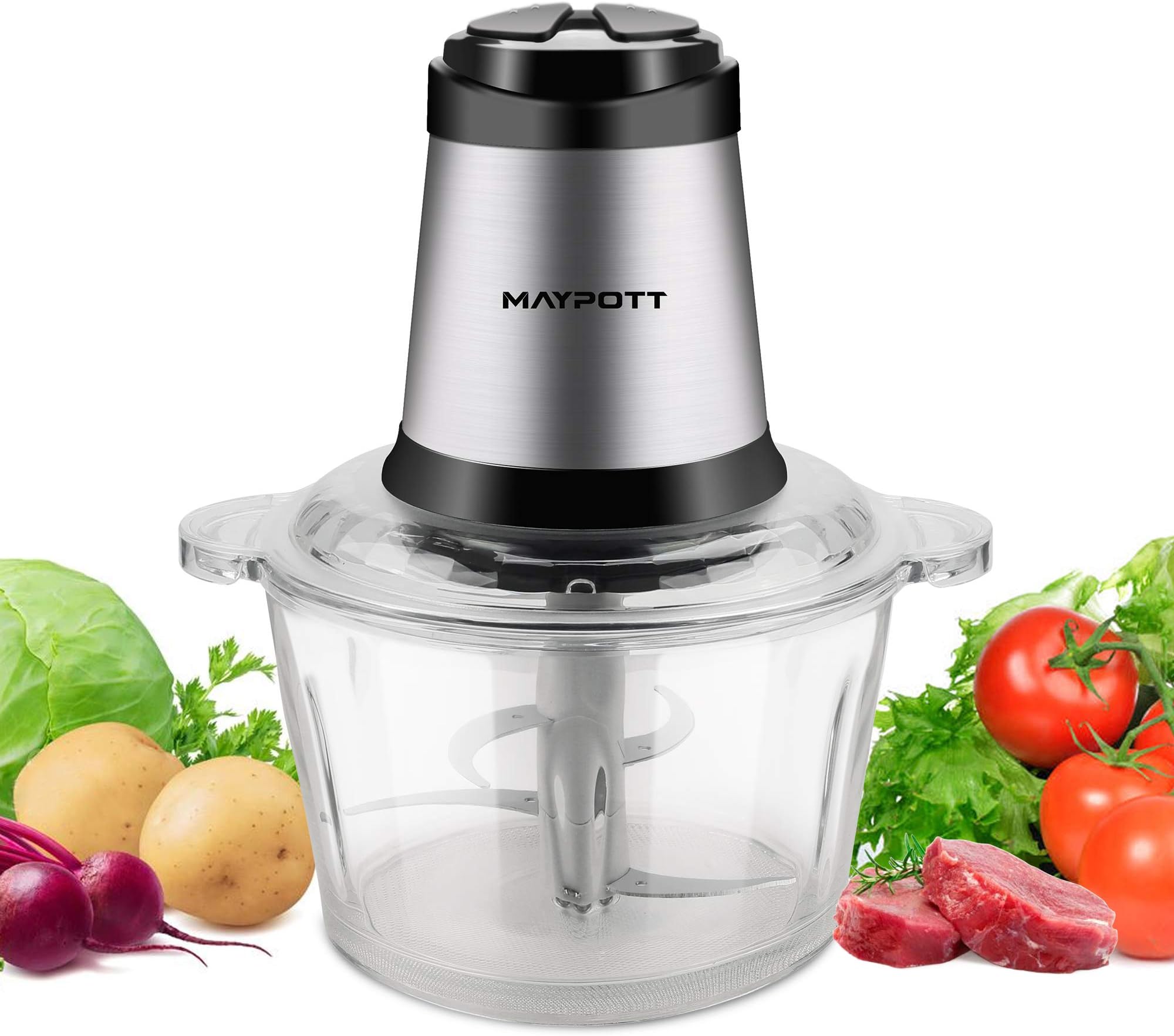 Electric Food Chopper Meat Grinders, Maypott 500W 8-Cup Food Processor, 2L BPA-Free Glass Bowl Blender Grinder for Meat, Vegetables, Fruits and Nuts, Fast & Slow 2-Speed, 4 Sharp Blades