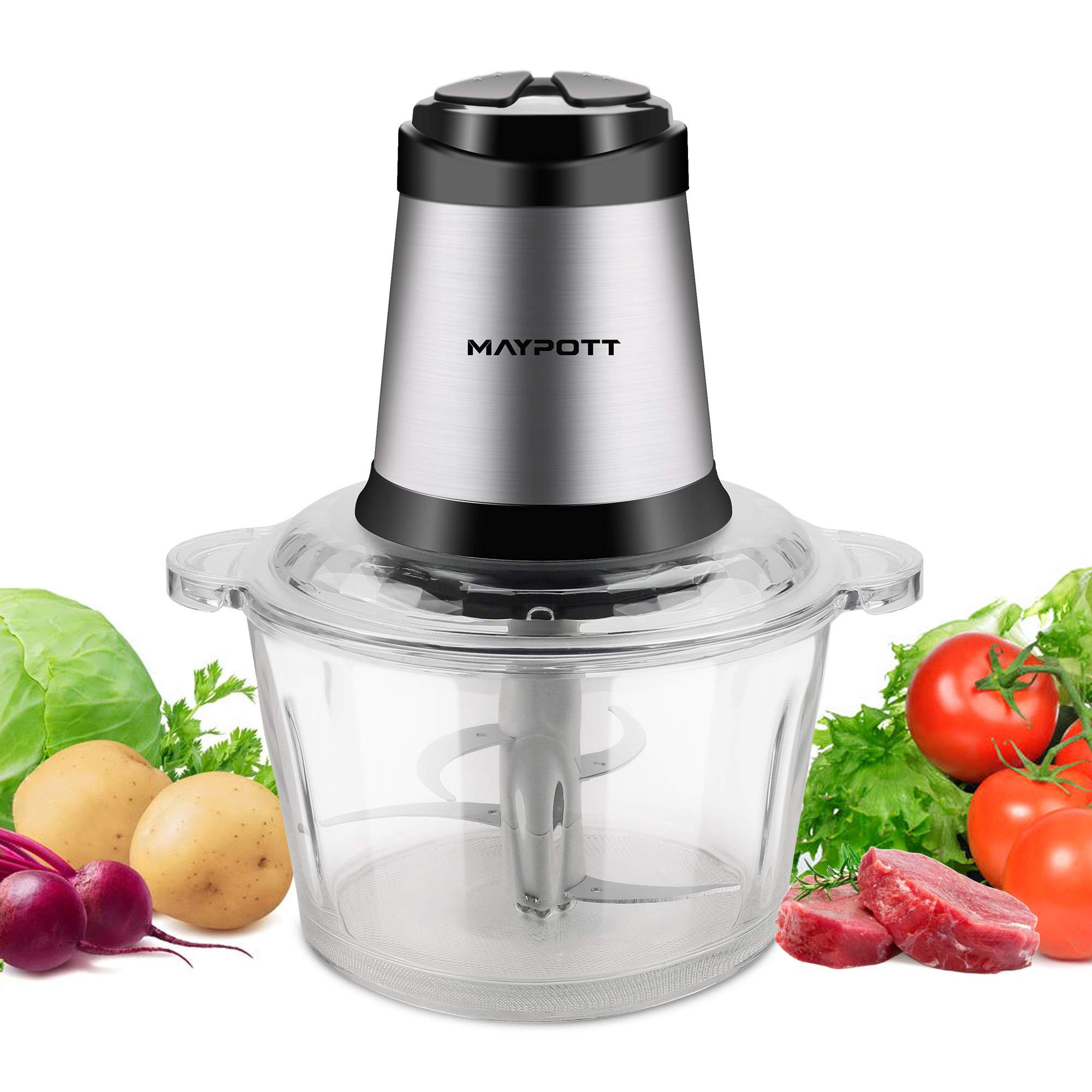 Electric Food Chopper Meat Grinders, Maypott 500W 8-Cup Food Processor, 2L BPA-Free Glass Bowl Blender Grinder for Meat, Vegetables, Fruits and Nuts, Fast & Slow 2-Speed, 4 Sharp Blades
