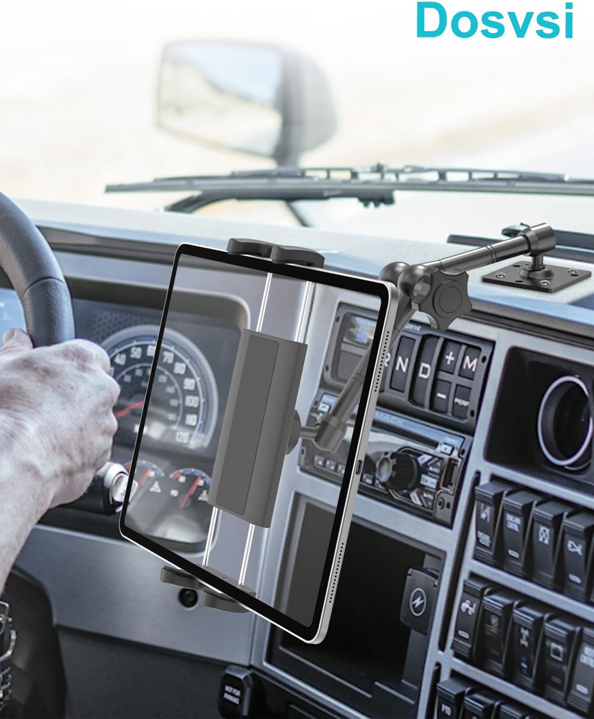 Heavy Duty Tablet Holder for Truck, Drill Base Car Tablet Holder with Metal Adjustable Arm, RV Pickup Vehicle Dashboard Mount for iPad Pro 12.9 Air Mini, Galaxy Tab, Z Fold, iPhone, 4-13"Device