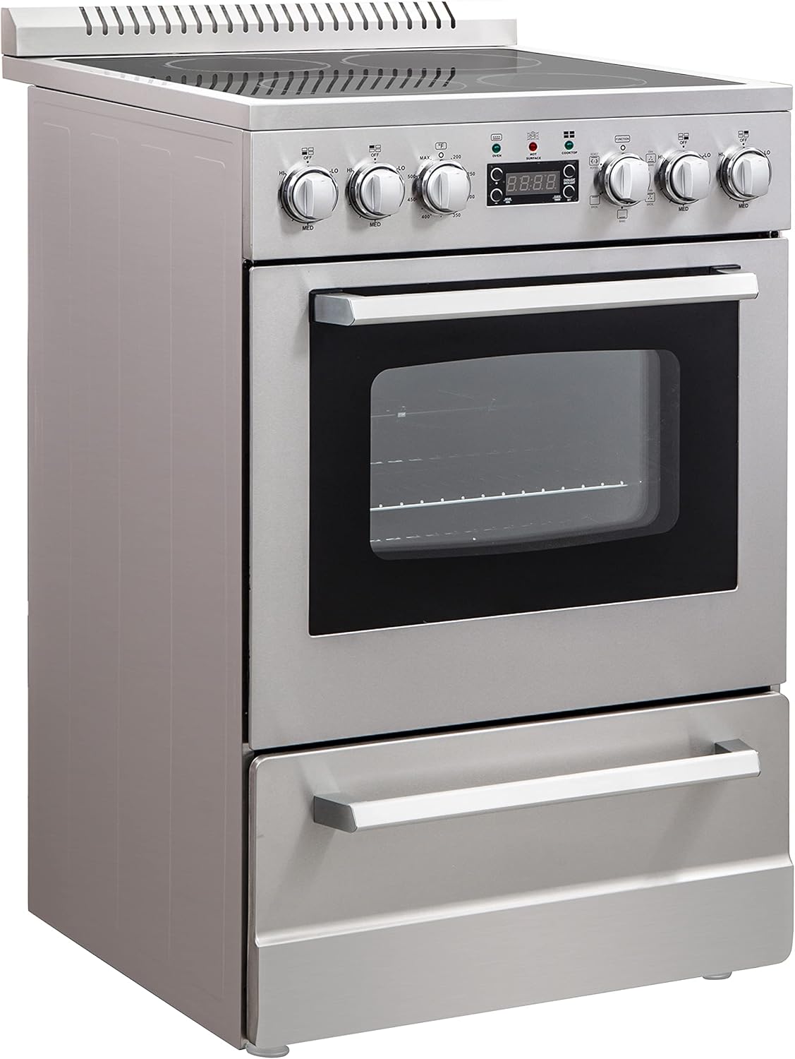 Avanti Electric Range Oven ELITE Series Compact Design, 2.3-Cu.Ft. Capacity with 4 Coil Burners, Framed Glass Oven Door, Storage Drawer and Broiler with Pan, 24-Inch, Stainless Steel