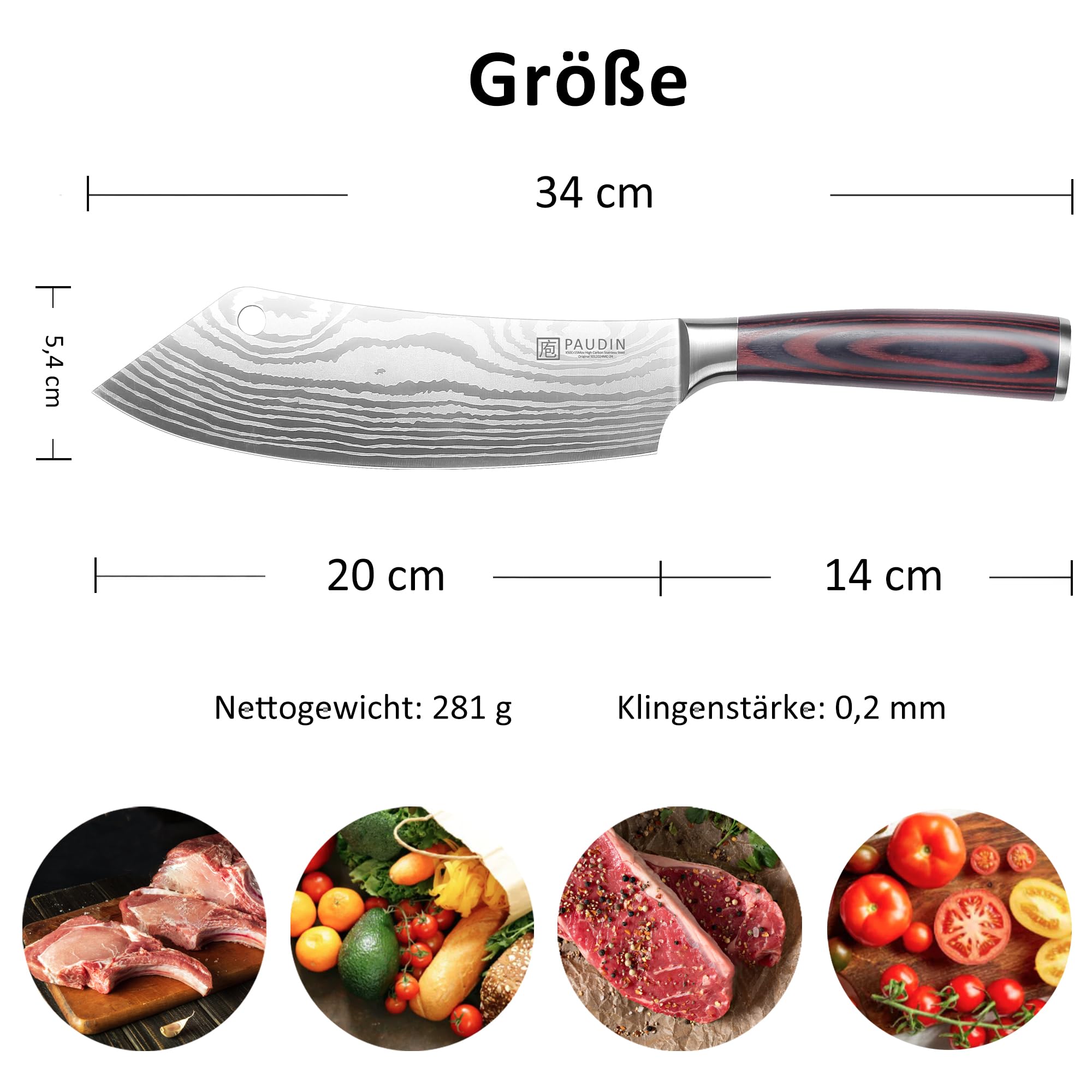 PAUDIN Coltello da cucina, coltello giapponese da 20 cm per disossare, ascia da cucina, coltello da cuoco in acciaio inossidabile di alta qualità, lama extra affilata con impugnatura ergonomica legno