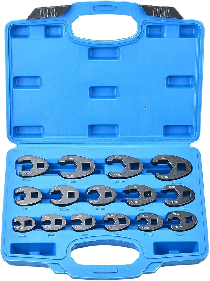 Prokomon Crowfoot Wrench Set 1/2" and 3/8” Drive, 15 Piece, Metric