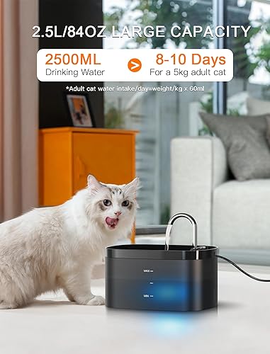Miniatura 2 de Fuente de agua para gatos, fuente para gatos de 84 onzas2.5 L, fuente de agua súper silenciosa para mascotas, filtro de carbón activado, dispensador
