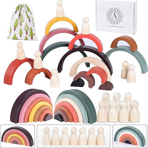 Miniatura 1 de Impresionante paquete de tres juegos de calidad Boho Montessori. Incluye 2 apiladores de arcoíris, 7 muñecas de clavija de madera y práctico