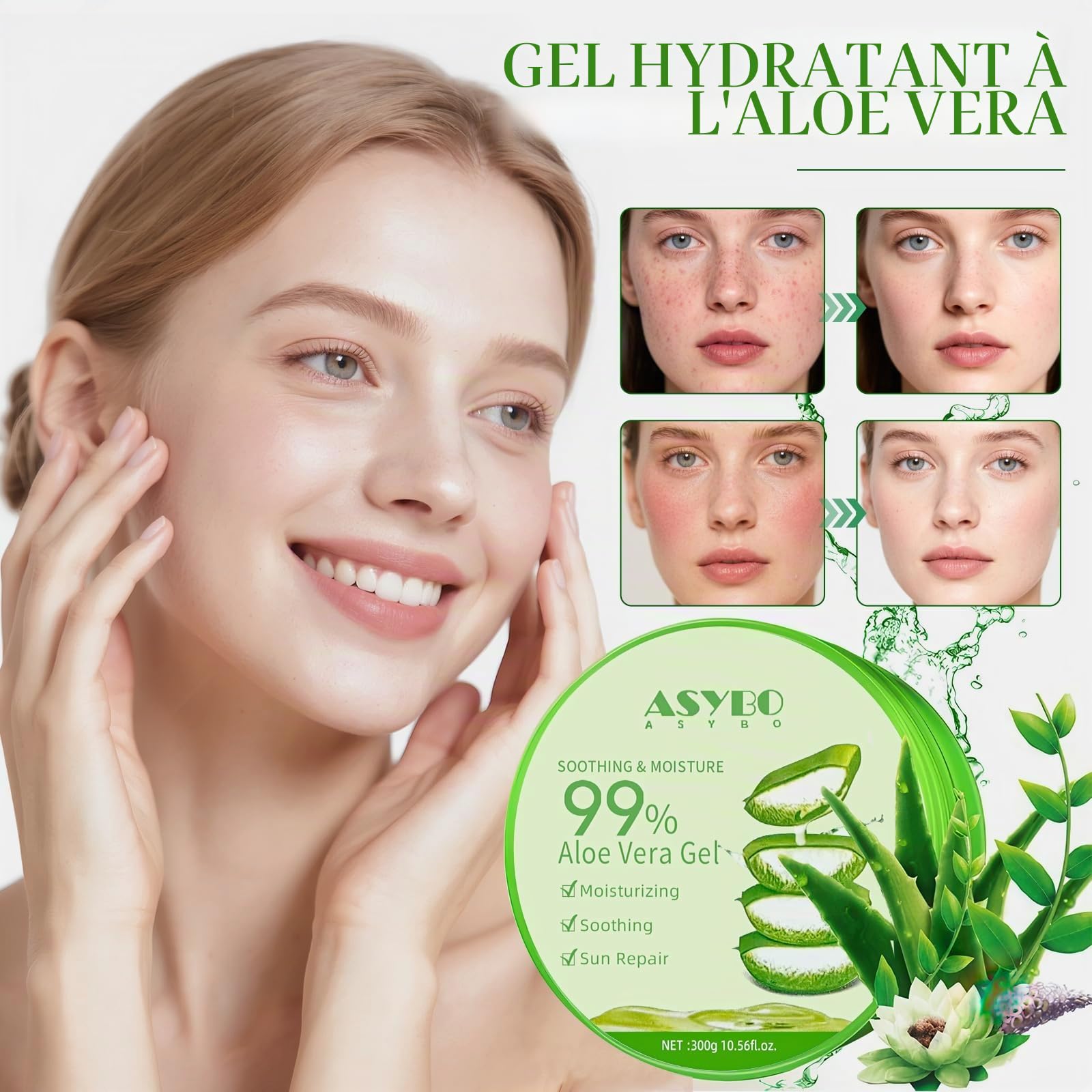 300 ml de gel d'aloe vera – 99% pur bio Aloe Vera Crème hydratante pour le visage et le corps, crème naturelle à l'aloe vera pour peau sèche, coups de soleil, acné