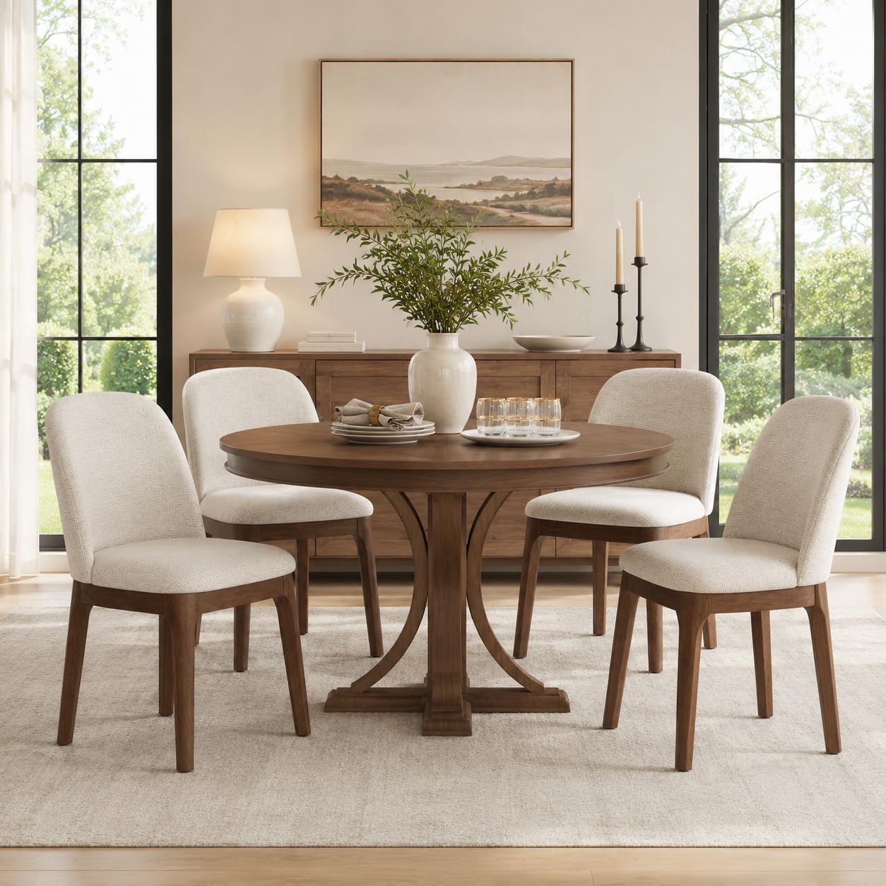 Upholstered Dining Chairs Set of 4 with Wood Legs