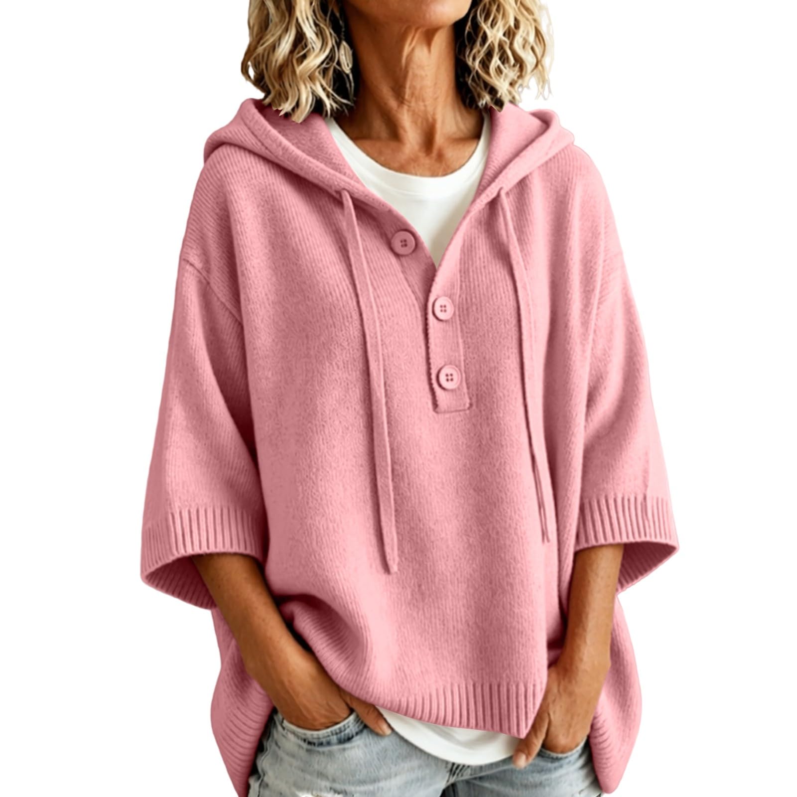 Kapuzen Strickoberteil Damen 3/4 Ärmel Knopfleiste Kordel Kapuze Lässig