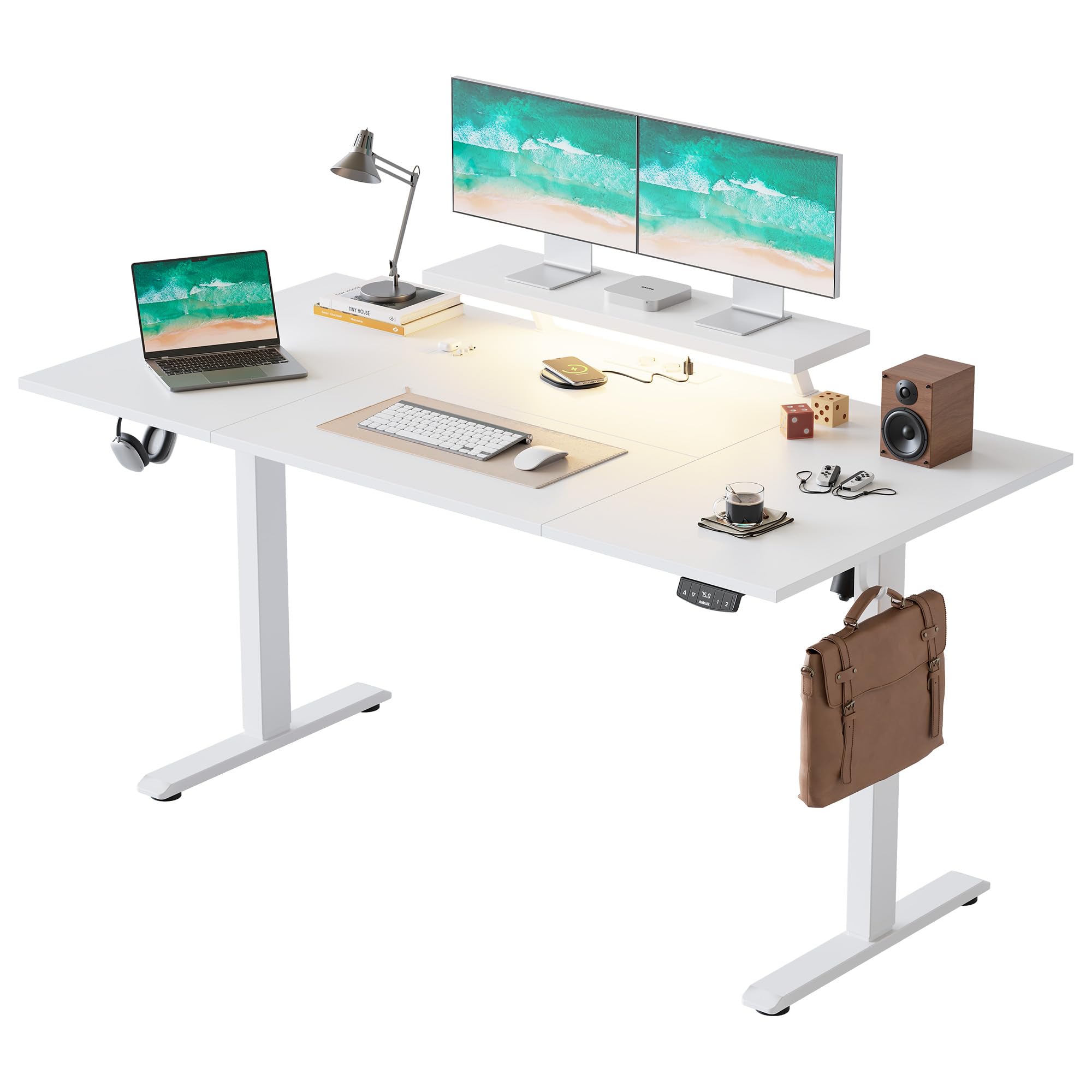 Agilestic Electric Standing Desk with Movable Monitor Stand, Height Adjustable Desk with 2 Memory Buttons, 160 x 80 cm with LED Strip Light and USB-C Port, for Home Office, White