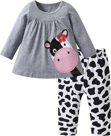 Infant Baby Girl Clothes Toddler Cow Print Long Sleeve Pullover Top Pant Fall Winter Outfits Set