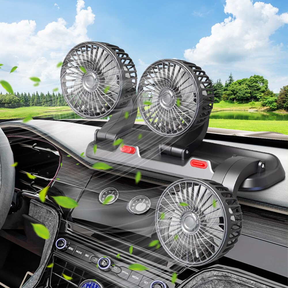 Ventilateur de Voiture USB 5V, Ventilateur De Voiture à Trois Têtes, Ventilateur Réglable en Rotation à 360° avec à 2 Vitesses, Ventilateur De Voiture Silencieux pour Camions Fourgons SUV, RV