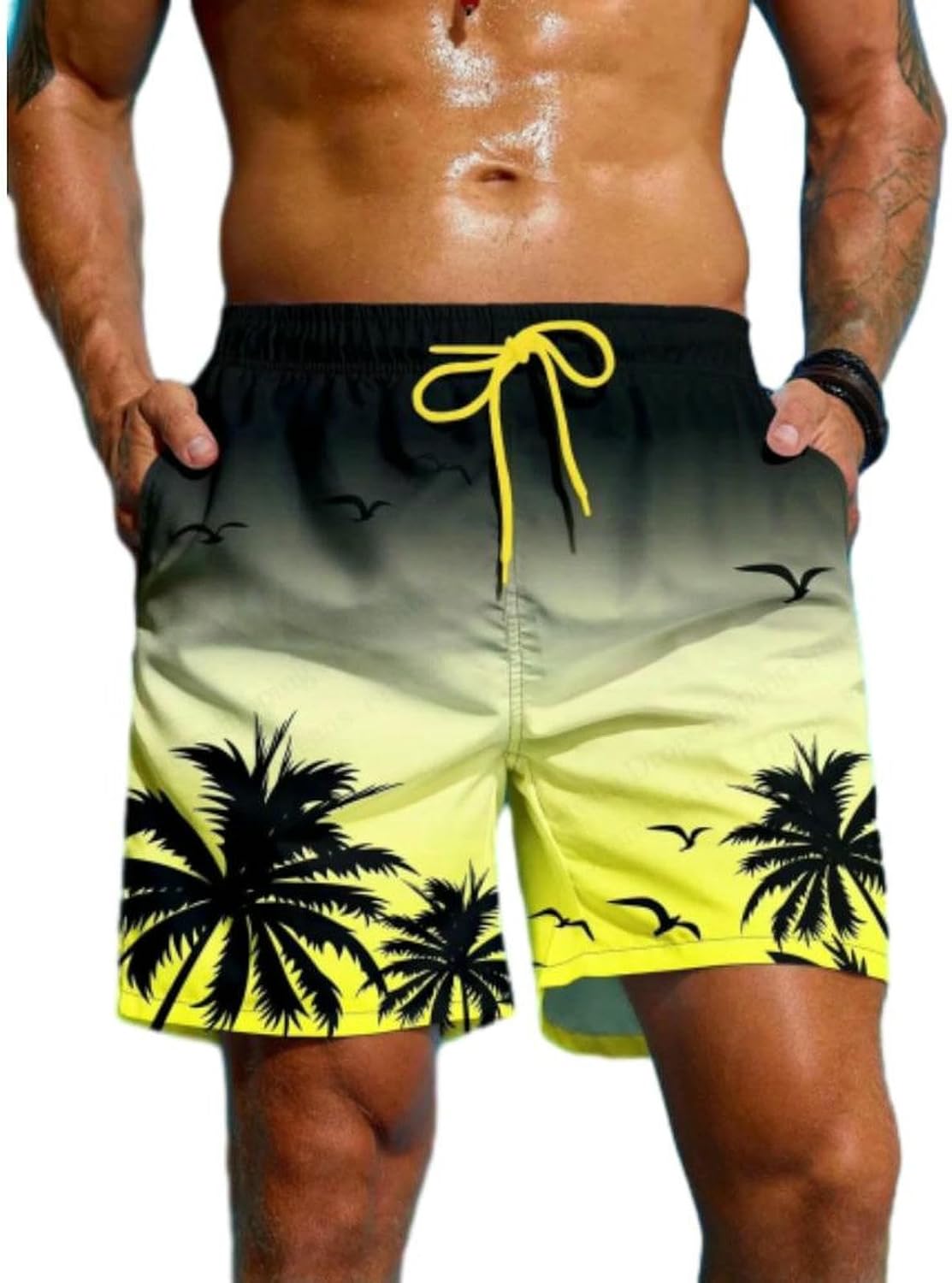 Men's Swimsuit Palm Tree 3D Print Drawstring Hawaii Shorts for Beach Outdoor Vacation Sport