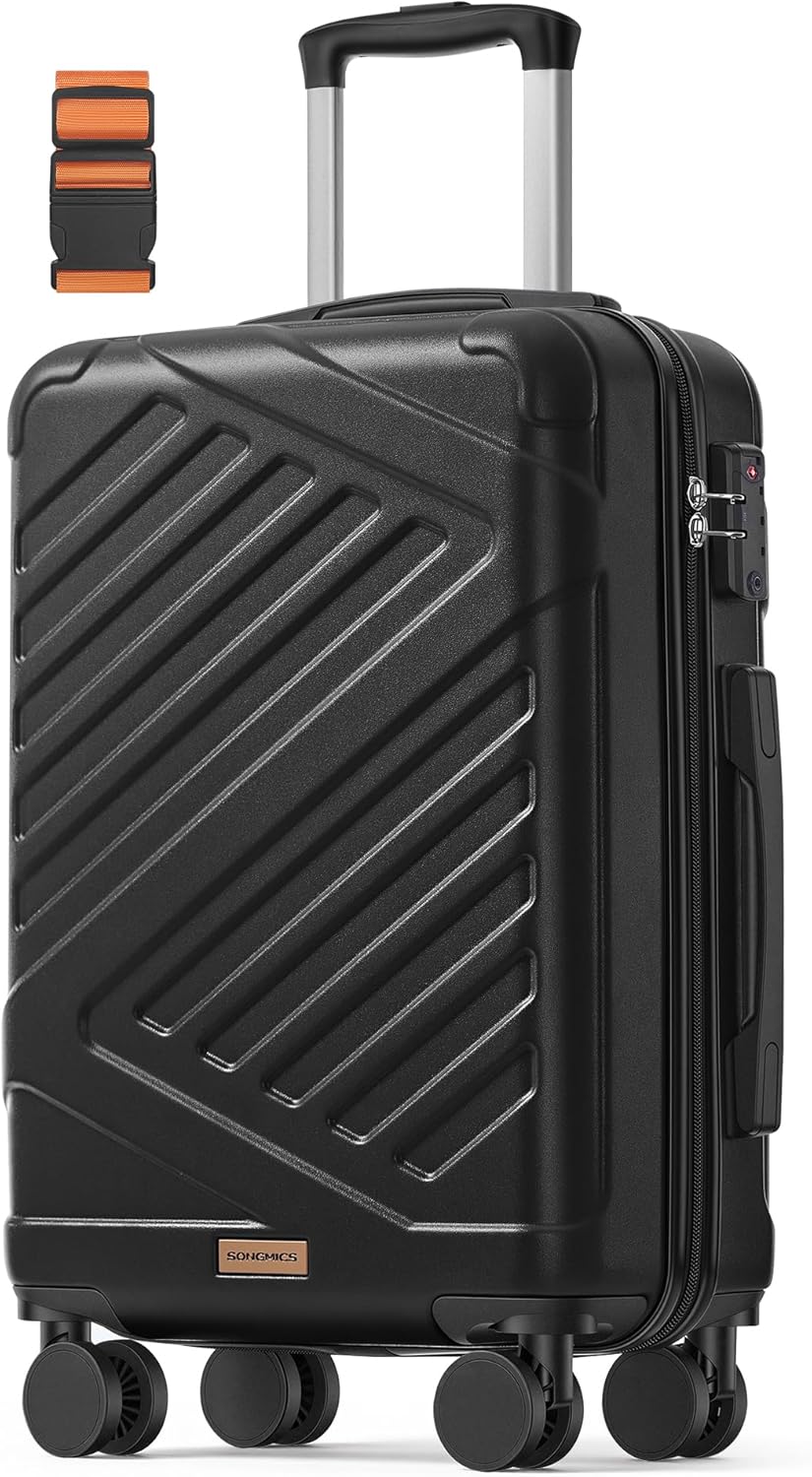 SONGMICS Koffer, Reisekoffer, Hartschalenkoffer mit TSA-Schloss, Koffergurt, ABS-Trolley, 4 Zwillingsrollen, Handgepäck-Koffer, M, 55 cm, tintenschwarz RLP001B101