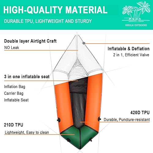 Miniatura 9 de Kayak ligero inflable de TPU Packraft  1 persona, ideal para adultos y niños con asiento suave, bote Litewater para rafting de agua plana, pesca y