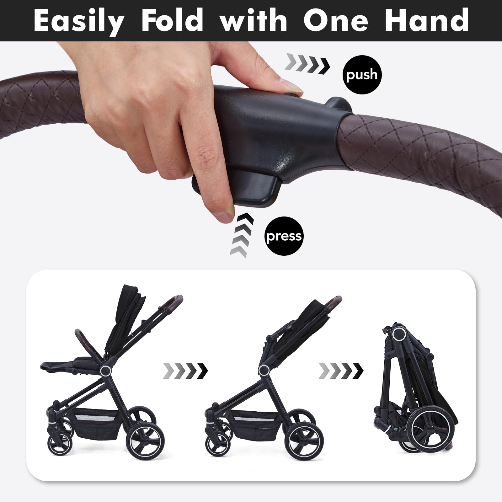 Garvee Poussette 2 en 1 Réversible pour Nouveau-Né à 36 Mois (22Kg) - Pliable Compacte, Siège Sécurité 5 Points, Grande Capote Anti-UV, Noir