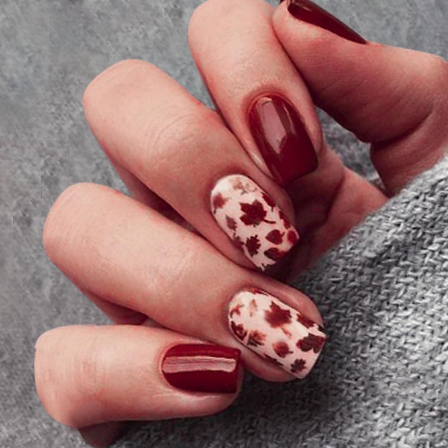 Fall Nails Press on Nails Short Square Shaped Fake Nails Maple Leaves Design Autumn Wine Red Glossy False Nails Reusable Acrylic Nails Full Cover Stick on Nails for Women DIY Manicure 24 Pcs