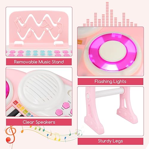 Miniatura 4 de Costzon Piano de teclado de juguete para niños de 37 teclas con patas desmontables, banco, partitura de música, luz flash, canciones MP3 integradas,