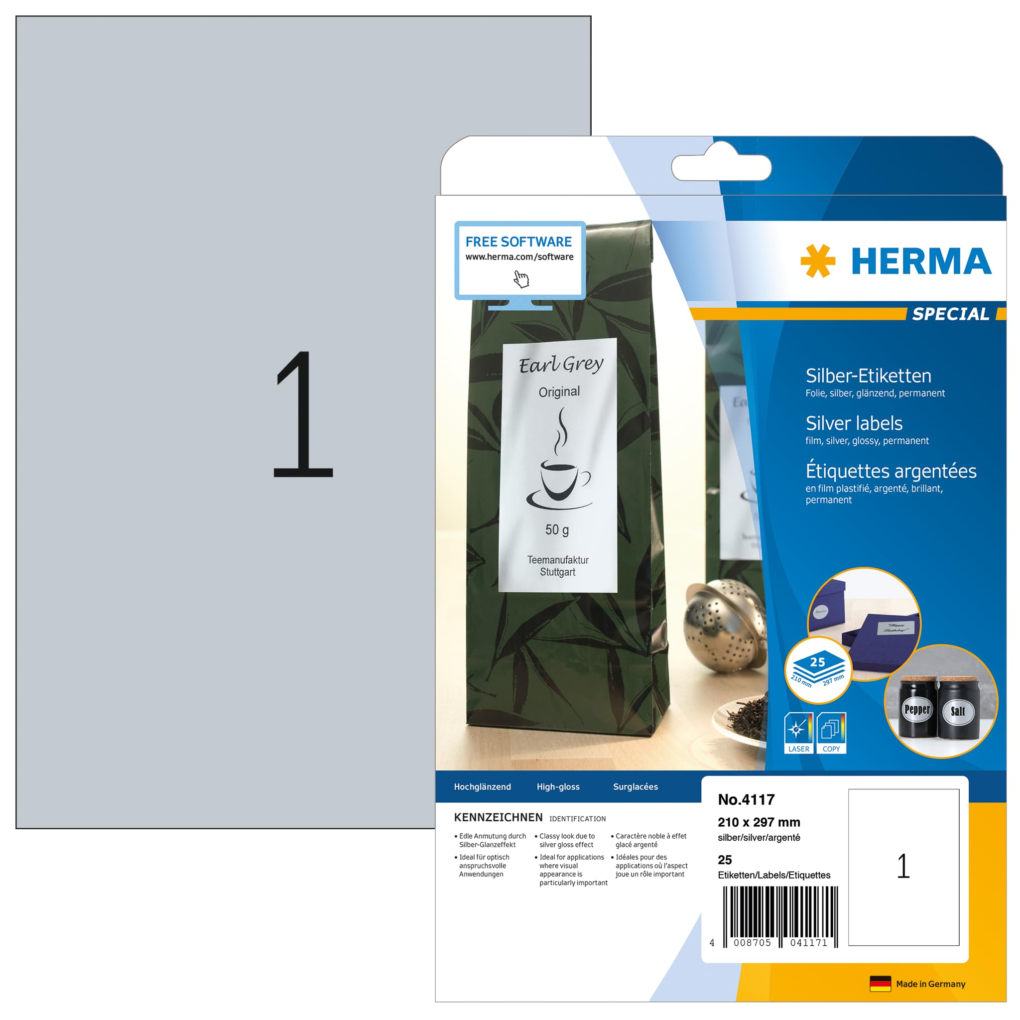 HERMA Self Adhesive Film Labels, 1 Label per A4 Sheet, 25 Sheets, 210 x 297 mm, 25 Labels, Blank Weatherproof Labels Stickers, Sticky Labels for Laser & Inkjet Printer, Silver
