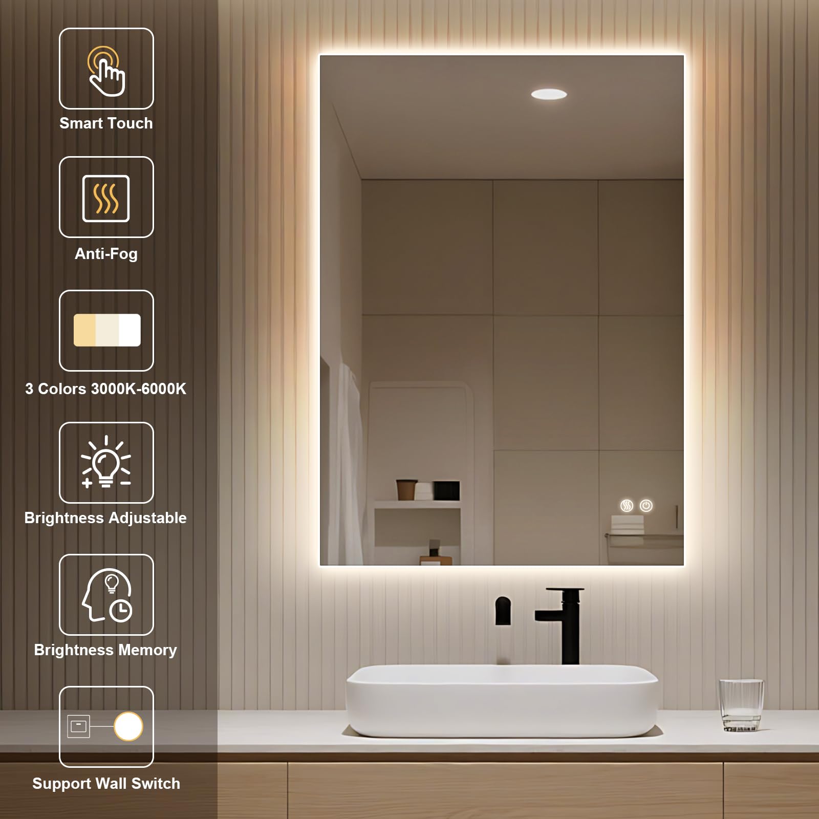 Miroir Salle de Bain avec Eclairage, Miroir LED Salle de Bain, Anti-buée, 3 Couleurs Lumière, Dimmable, Mémoire, Verre trempé HD, IP44, Horizontal/Vertical (Rectangulaire, 80 x 60 cm)