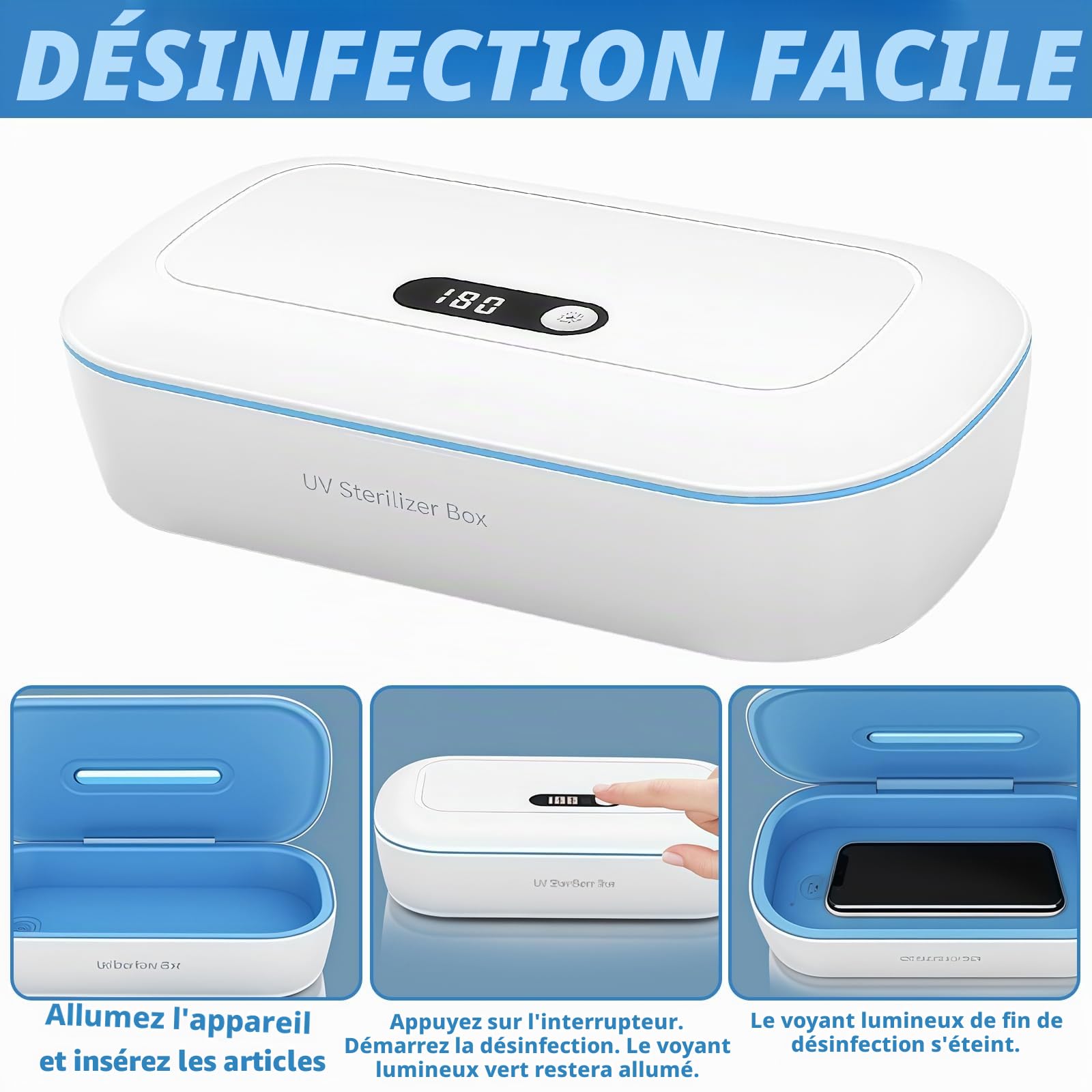 Désinfectant UV pour téléphone portable en ABS : boîte de désinfection UV avec affichage numérique, alimenté par USB Nail Tools Stérilisateur avec 2 compte-gouttes pour téléphone portable