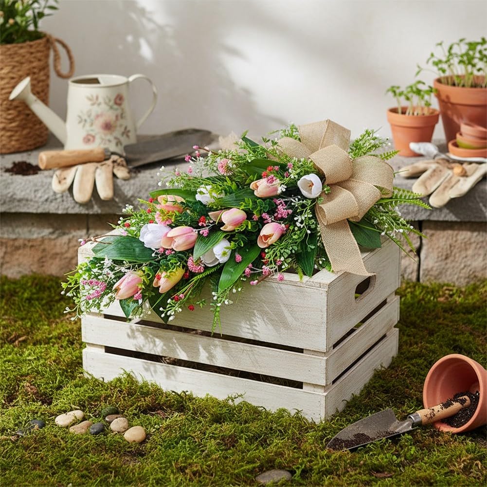 Ghirlanda di tulipani per decorazione della porta d'ingresso, ghirlanda di fiori artificiali primaverile estiva con fiocco per ingresso di casa da appendere alla parete, 55 x 30 cm