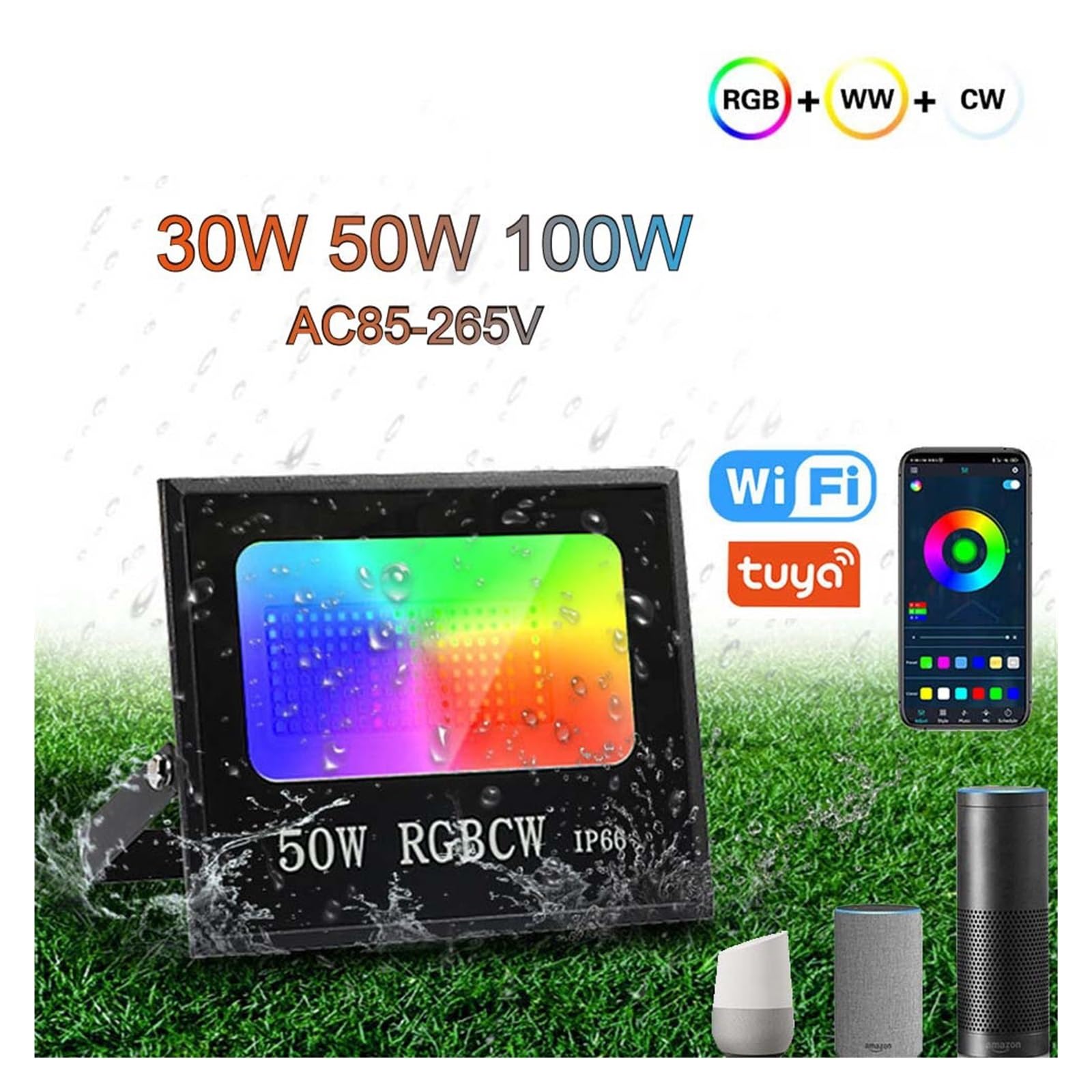 Reflektor LED RGBCW Intelintny Reflektor Reflektor Zewnętrzny 30W 50W 100W Wodoodporny Tuya Kontrola Aplikacji(100W RGBCW Smart)