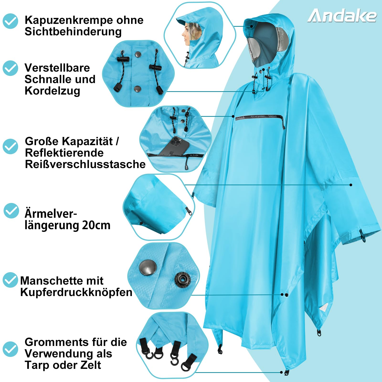 Andake Poncho Uomo Donna Impermeabile Unisex Giacca da Pioggia Antivento Resistente alle Rughe Impermeabile riutilizzabile per Campeggio Escursionismo Outdoor e Uso Quotidiano