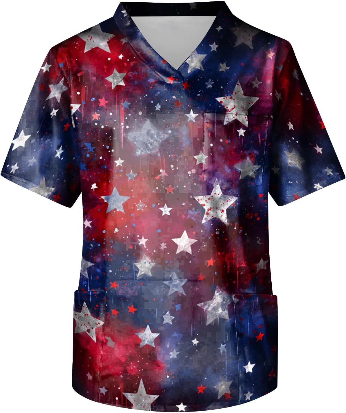 Men's 4th of July Scrub Top Patriotic American Flag Print V-Neck Medical Scrub Shirts Plus Size Holiday Workwear