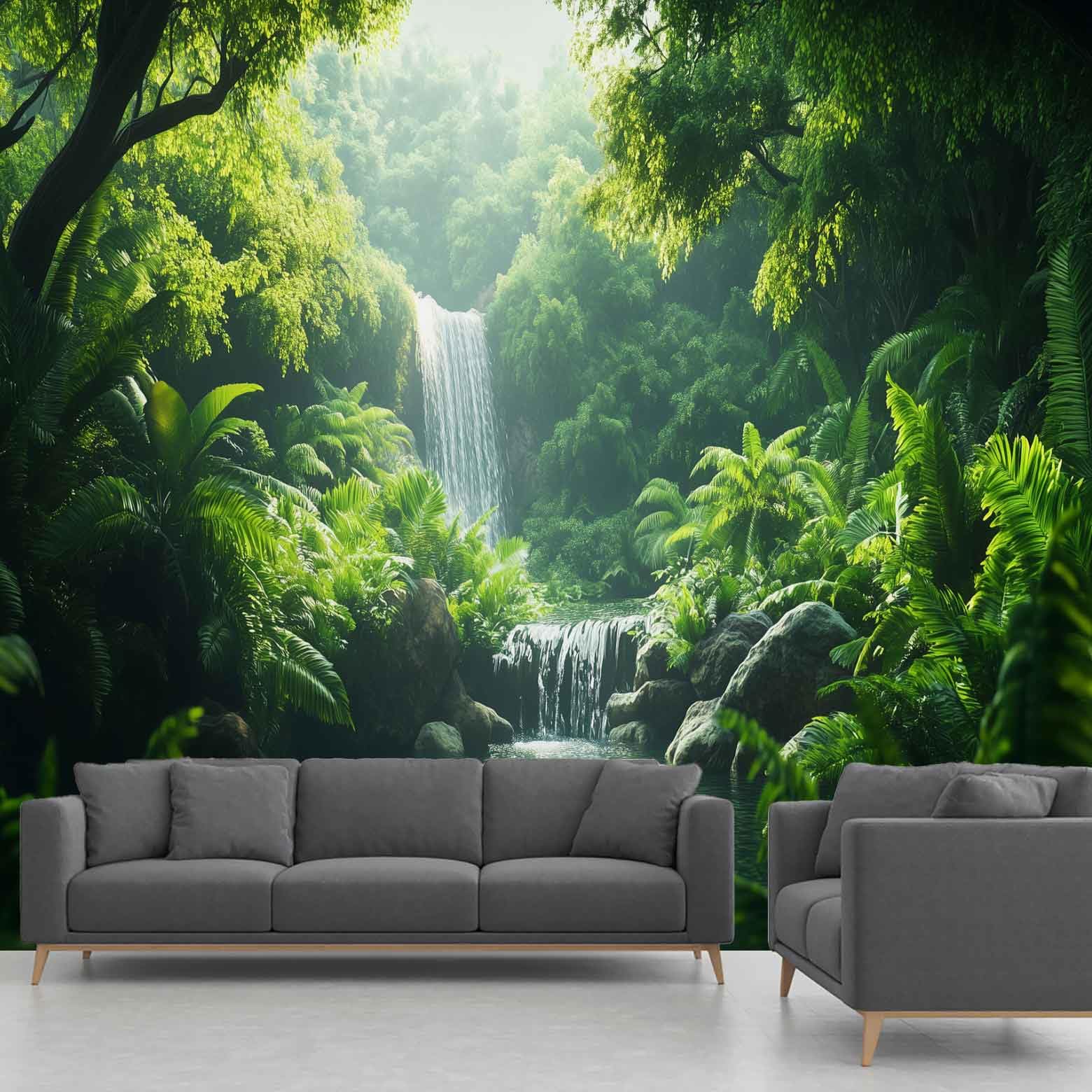 Papier peint panoramique cascade intissé forêt tropicale 300x210 cm