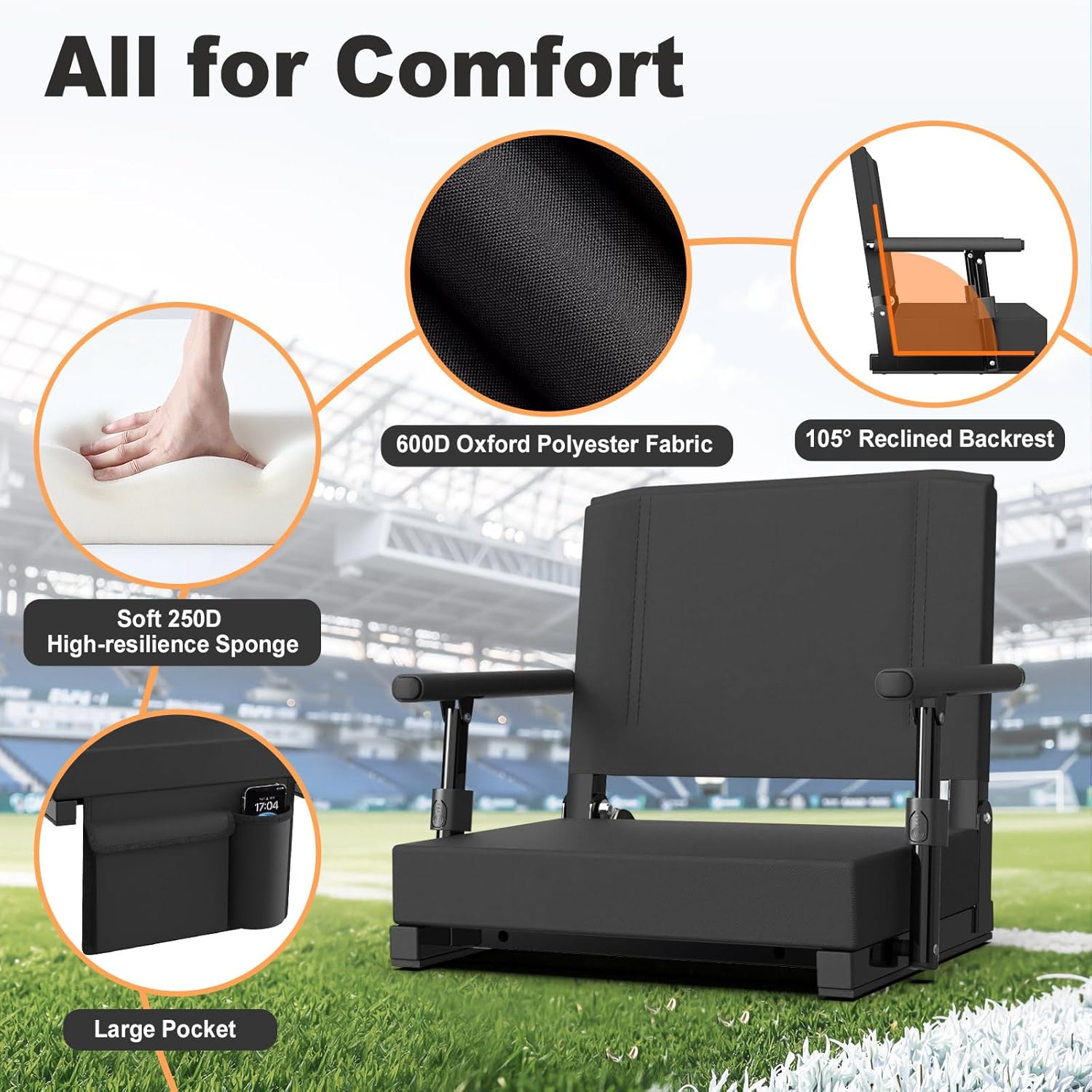 HOPERAN Stadium Seats with Back Support - Bleacher Chairs with Back and Cushion with Armrest, Thick Padded Bleacher Seats Includes Shoulder Strap, Lightweight Portable Stadium Chair