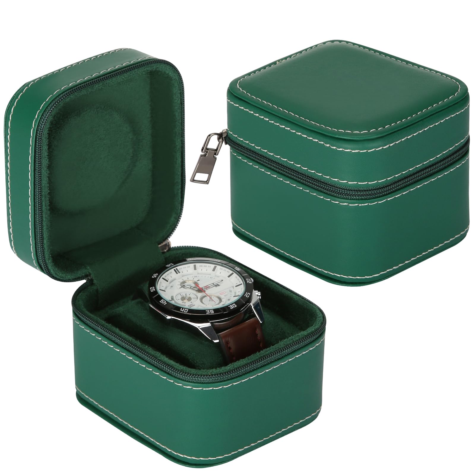 BAOPEND Single Watch Box, Small Watch Travel Cases for Men Women, Portable Zipper Wristwatches Storage Holder Boxes with Removable Pillow (Green)