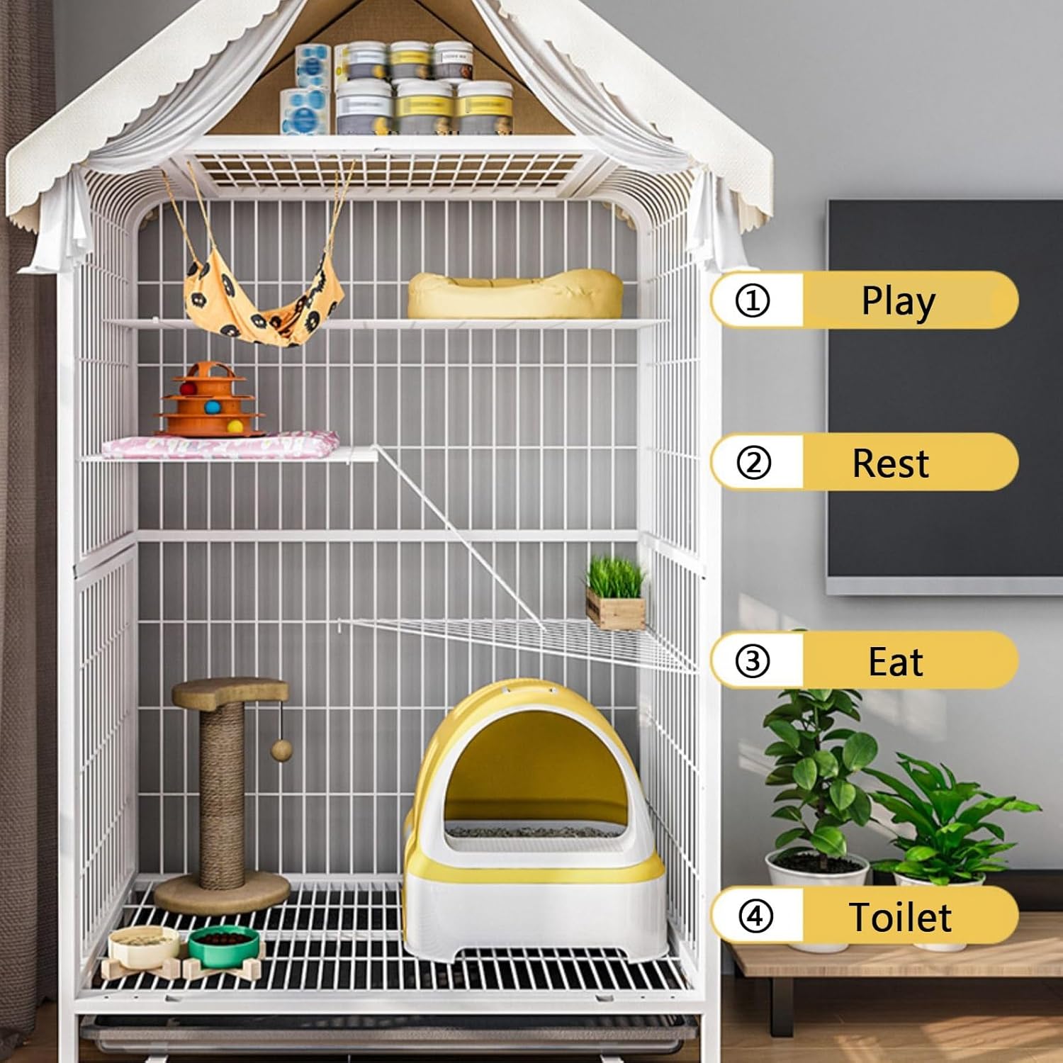 Cat Cage Indoor, 2 Tier Cat Enclosures, Cat Playpen, with Storage, Metal Playpen, with Universal Wheels, Pull-out Tray, Cat House, for 1-2 Cats(White,High125cm/49.2in)