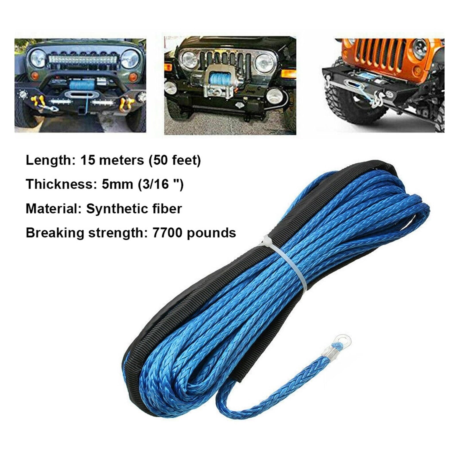 Kabel Sznurkowy 7700LBs Syntetyczna Lina Holownicza 15M Myjnia Samochodowa Konserwacja Sznurek Wciągarki Do ATV UTV Off Road Solidna I Niezawodna(Blue)