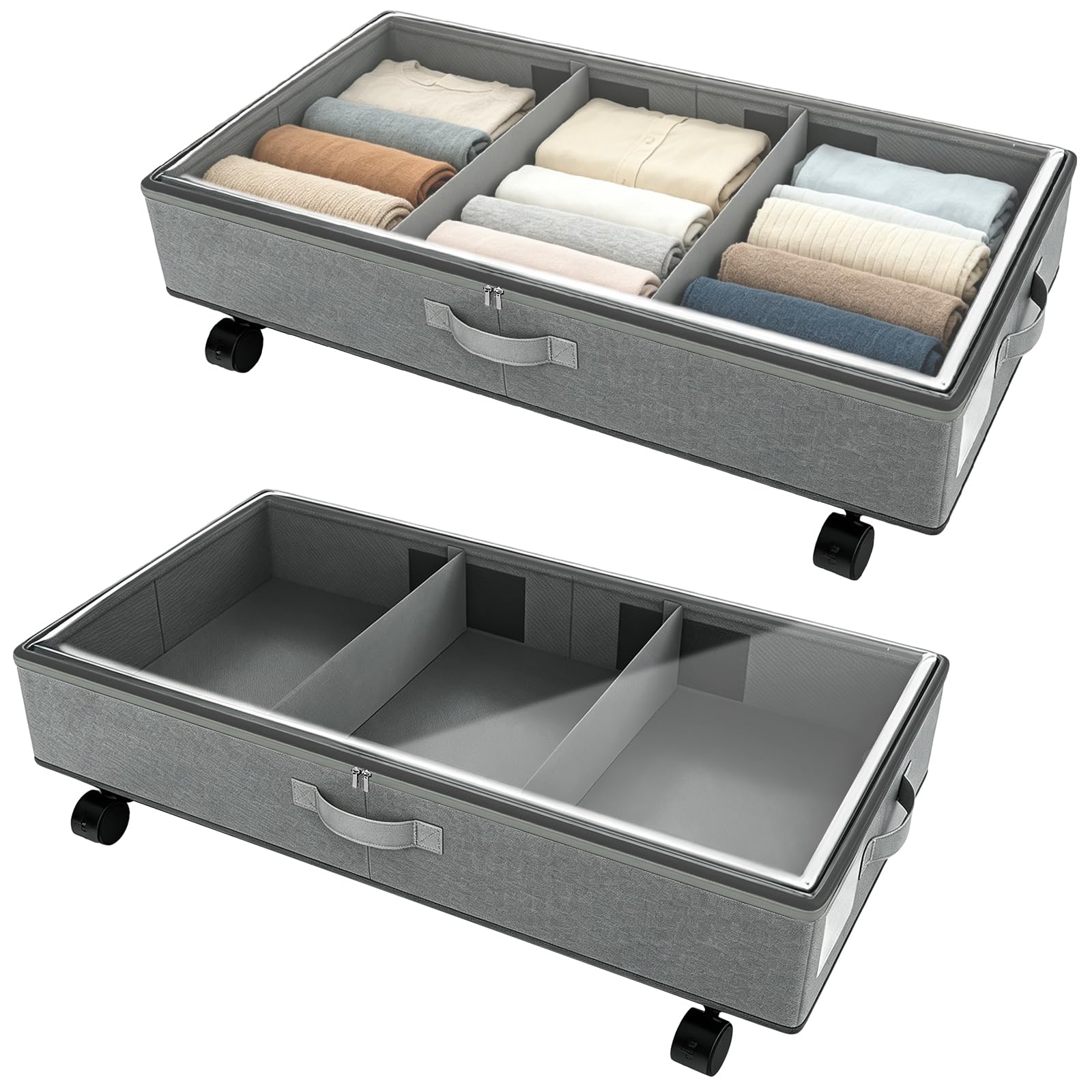 YAGOKKI 2 Pcs Under Bed Storage Organizer with Wheels, Oxford Cloth Rolling Storage Containers with Clear Lid, Foldable Bins for Clothes, Shoes, Blankets, Household Items