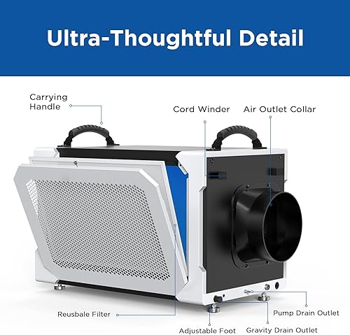 Miniatura 7 de Deshumidificador comercial de 235 pintas con bomba y manguera de drenaje, deshumidificador de espacio de arrastre, unidad de daños por agua