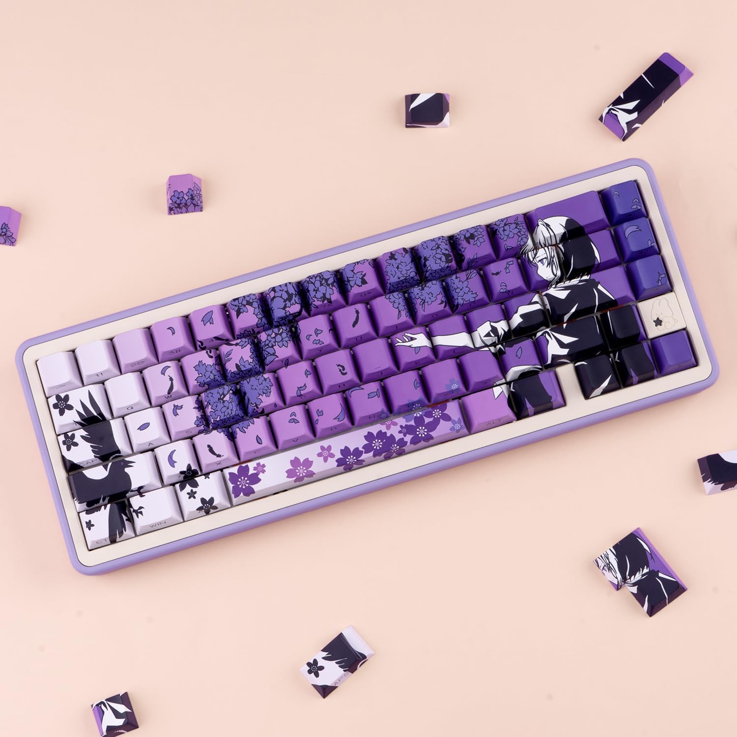 Shine Through PBT Keycaps - Side Print Dye - Sub Cherry Profile 131 Keys Purple Japanese Anime Keycaps Set for Cherry Mx Switch Mechanical Keyboard