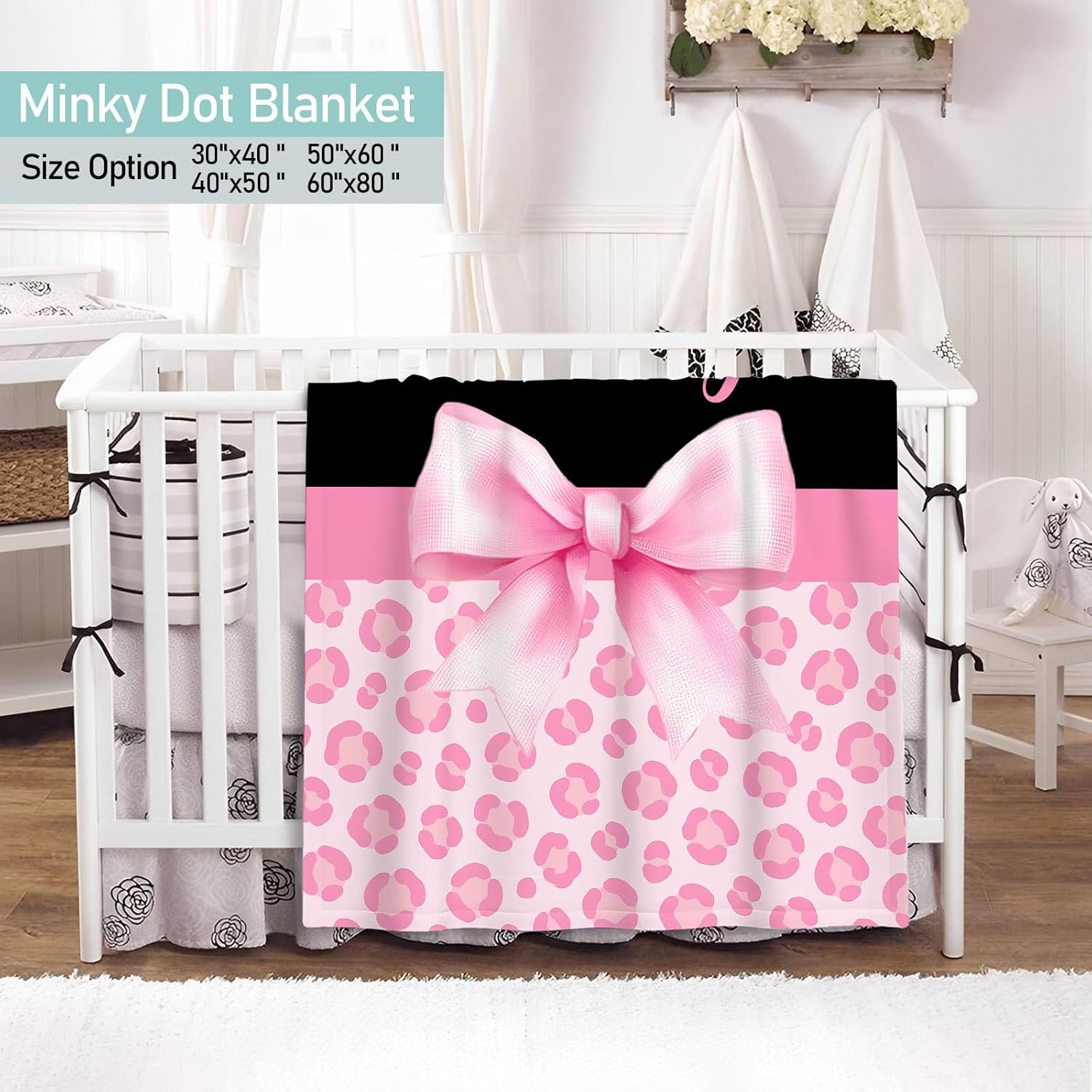 Custom Name Baby Crib Bedding Set for Girls – Personalized Pink Bow with Leopard 3 Piece Nursery Set with Blanket, Sheet & Changing Pad Cover – Newborn Baby Girl Gift, Infant Toddler Bedding Decor