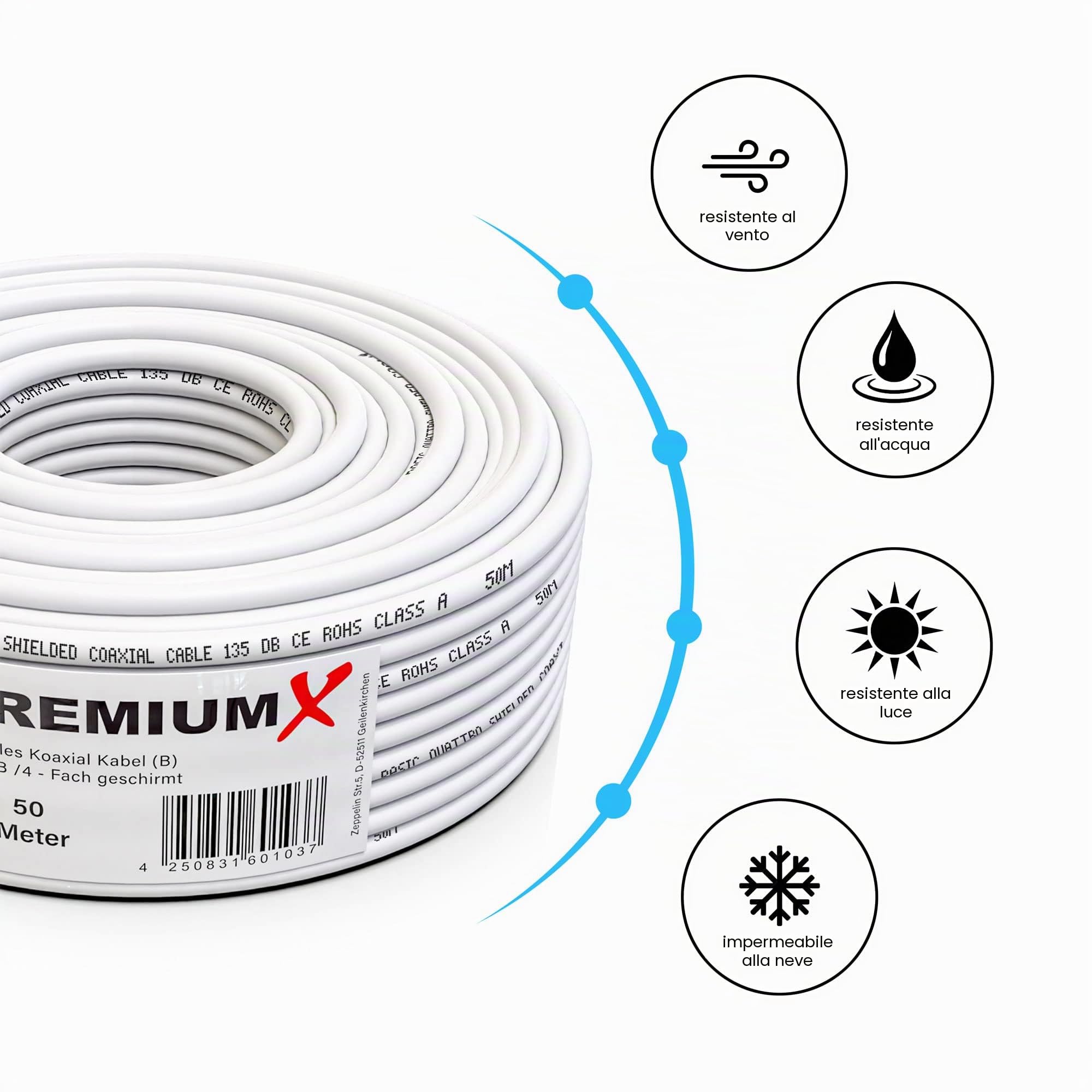 Premium X BASIC Cavo Coassiale Da 50m - Ricezione Perfetta Con Schermatura in Alluminio Quadrupla 135dB - Compatibile Con DVB-S/S2/C/T, BK Impianti - Inclusi 10 Connettori F