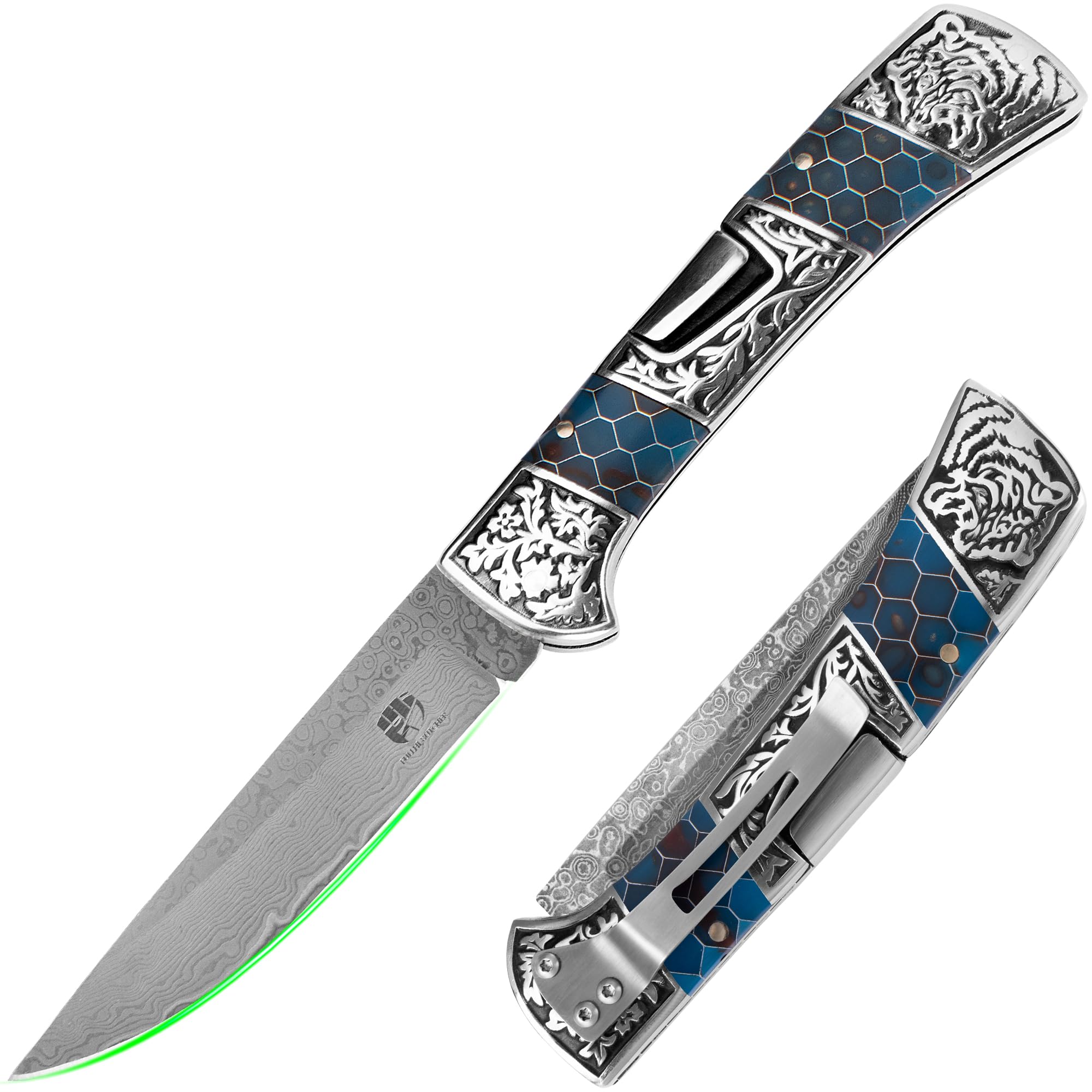 FULLHI 4“ Jagdmesser Damaszener Stahl Fluoreszierende Harz Griff Tasche Jagdmesser mit Clip und Fall Camping Wandern Survival (Blau)
