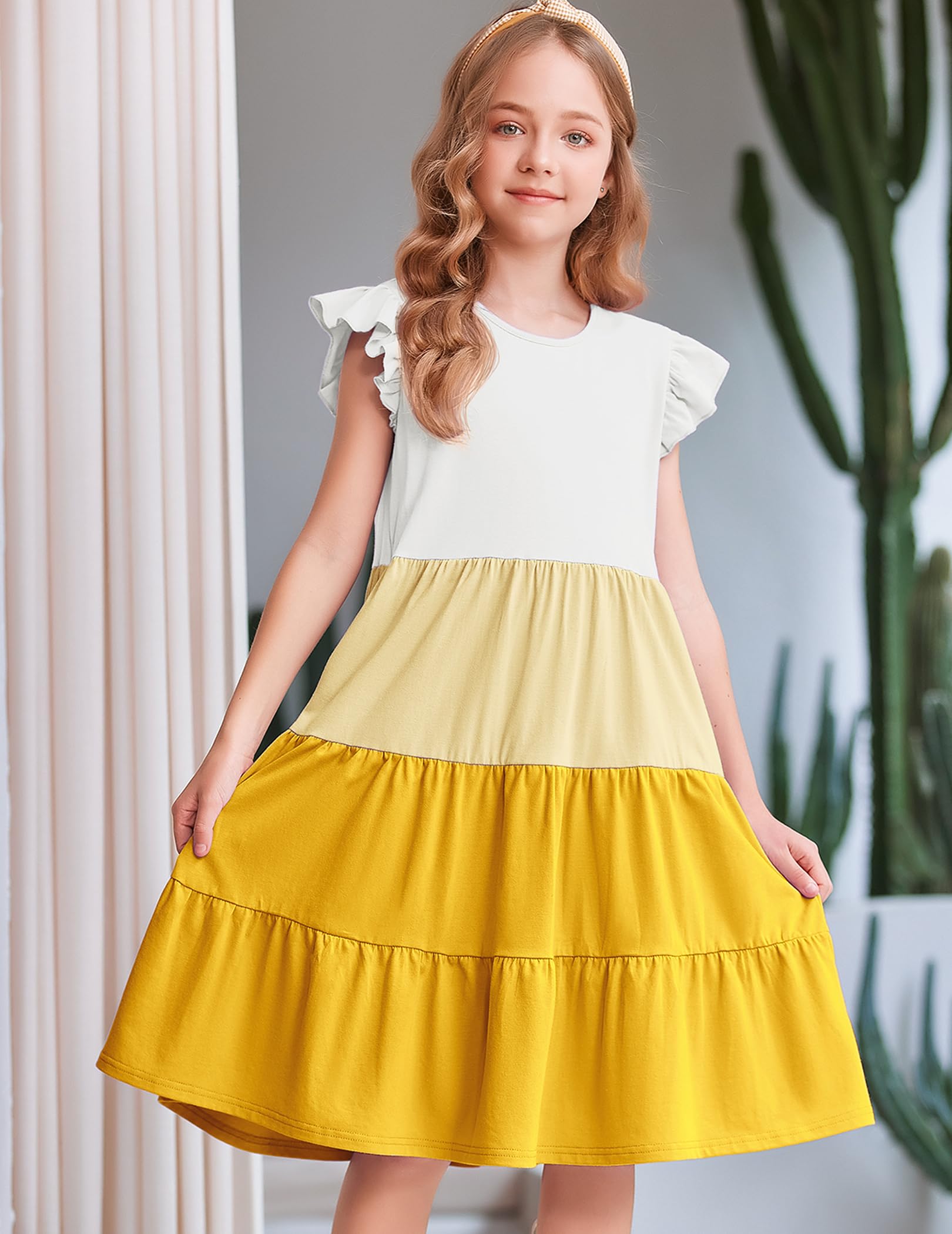 Arshiner Ragazze Abito Estivo con Maniche A Balze Abito per Il Tempo Libero in Cotone per Bambini con Scollo Rotondo Maniche Corte Swing Abiti da Festa per Bambine 4-14 Anni