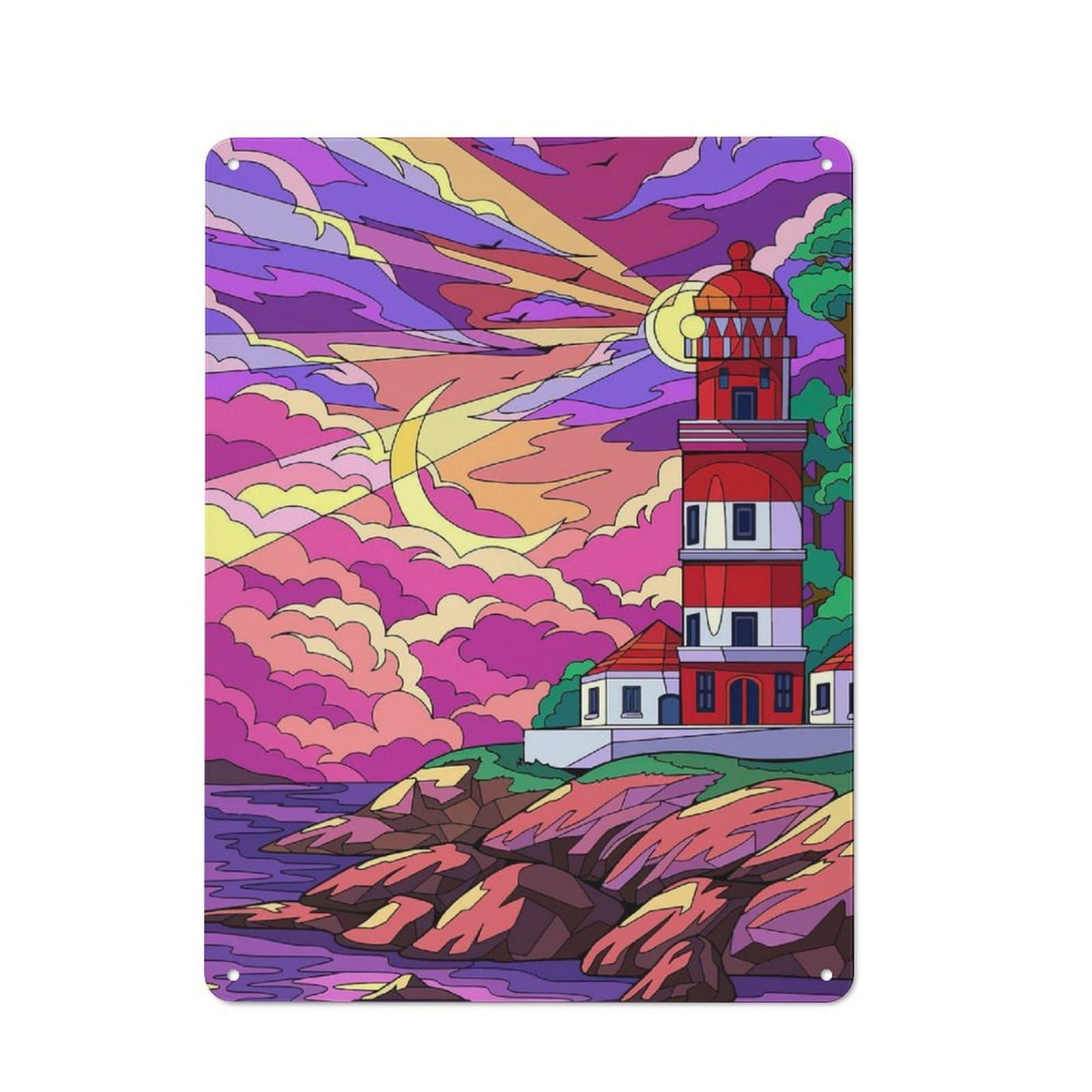 Junmoney Style-14 Vibrant Lighthouse At Sunset Retro Metal Wall Decor 40X30cm, Decorative Tin Plaque For Bar, Kitchen, Garage Or Games Room