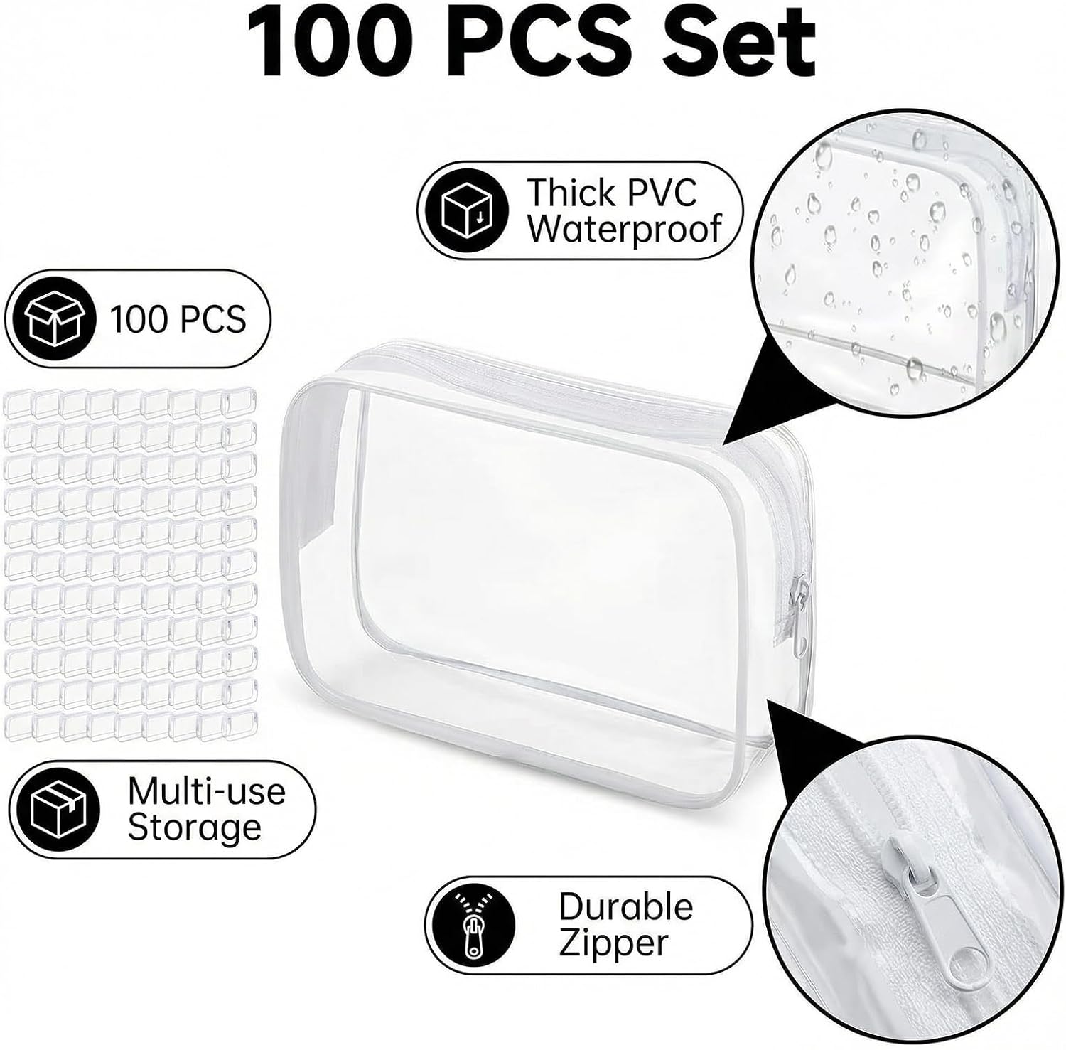 100 Pcs Clear Makeup Bags Bulk 0.2 MM Thickened PVC Tsa Approved Toiletry Bag for Travel Transparent Cosmetic Bag Waterproof Travel Small Pouches with Zipper for Men and Women (White) - Image 2