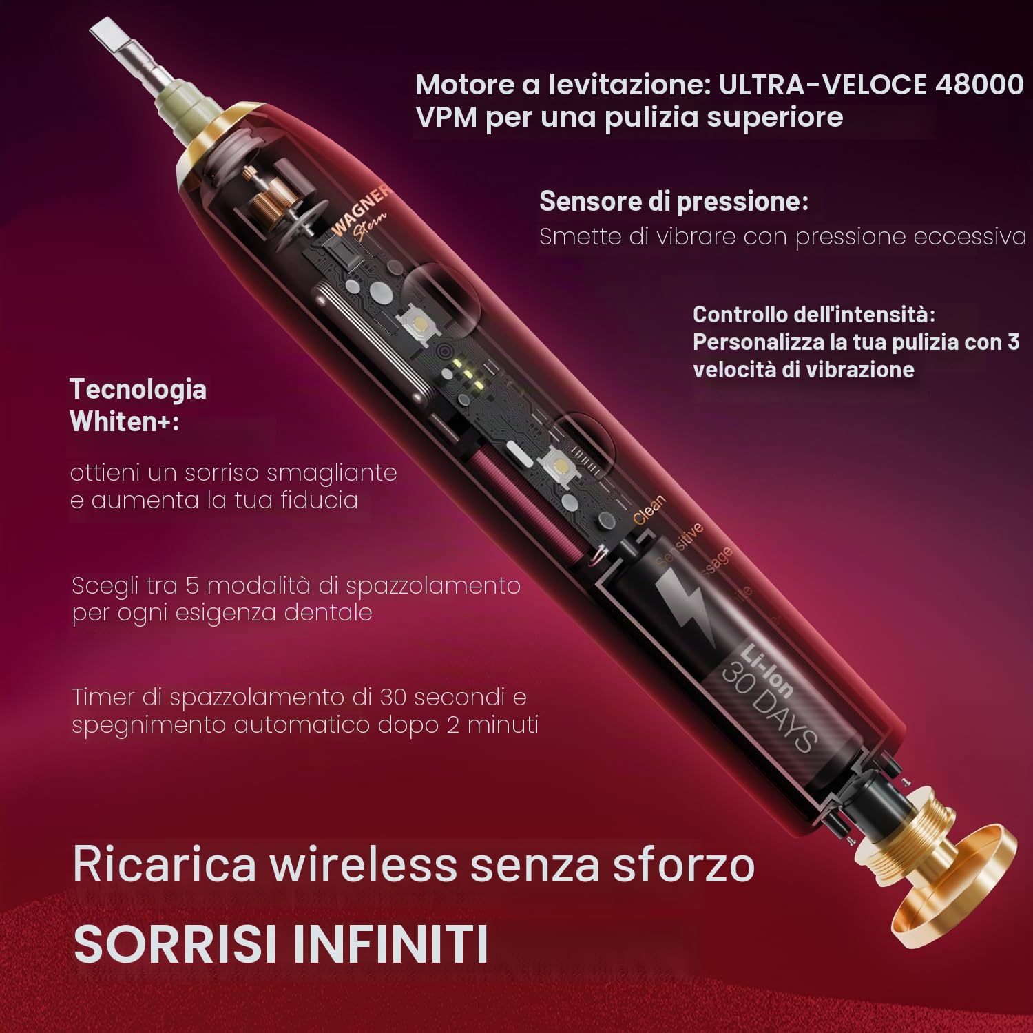 Wagner Stern Edizione WHITEN+. Spazzolino elettrico con sensore di pressione, 5 modalità, 3 intensità, 8 testine, custodia da viaggio. (cremisi)
