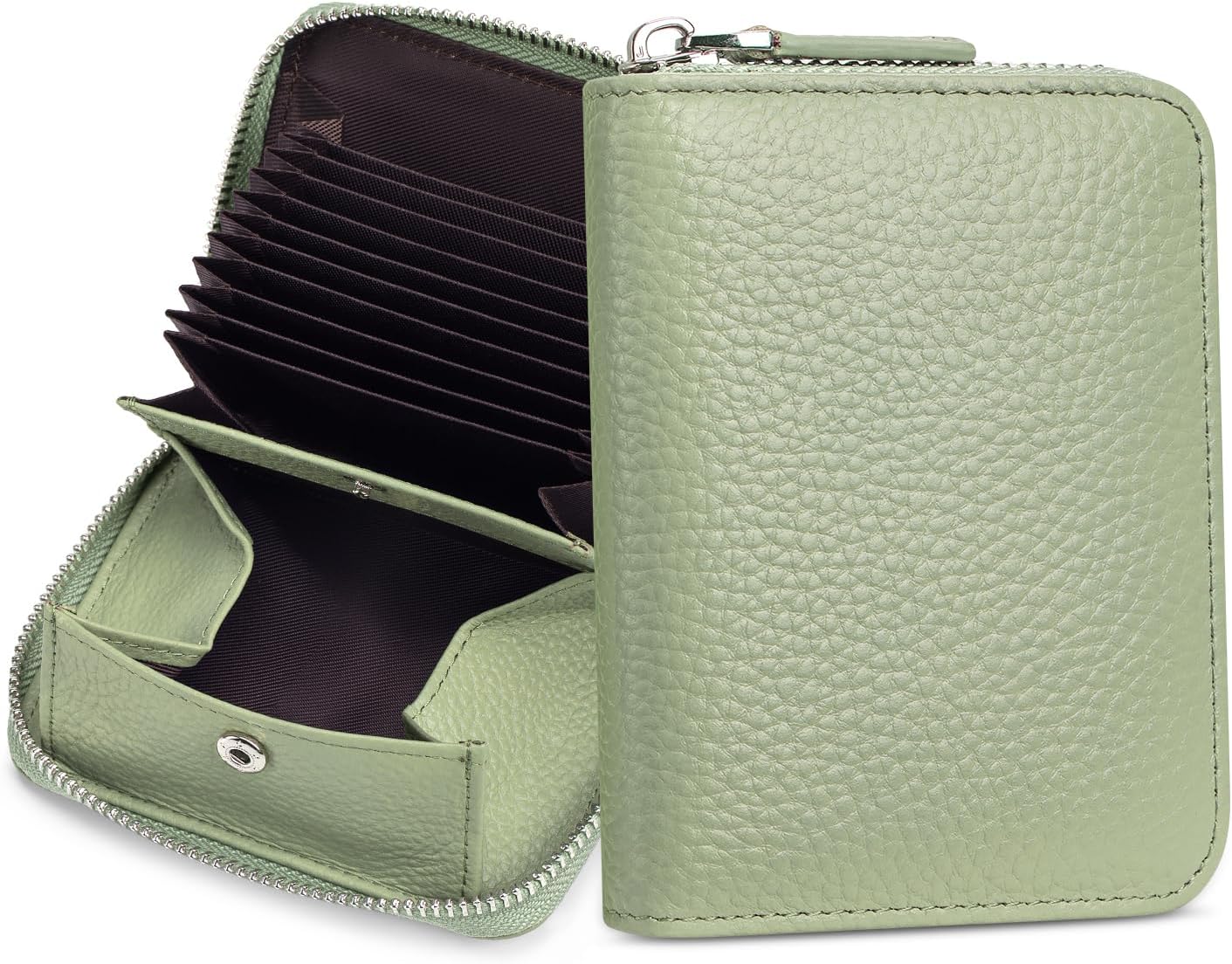 Womens Genuine Leather Zipper Credit Card Holder RFID Blocking Small Accordion Wallet with Coin Pouch,Green