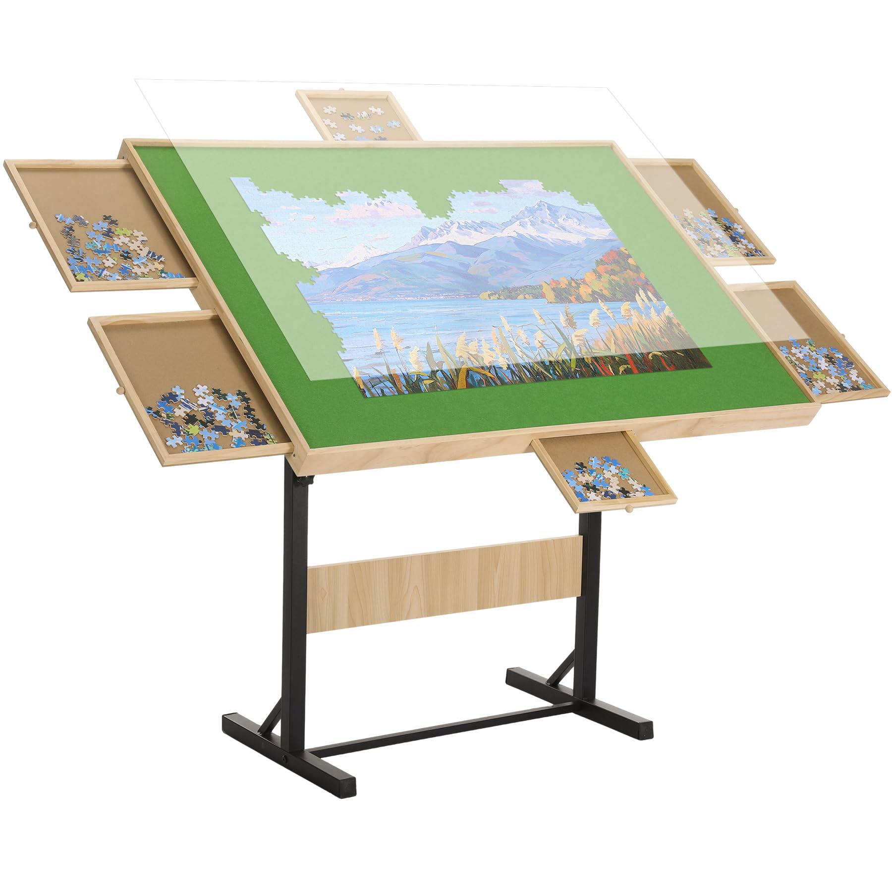 FUNTOK 2000 Pieces Jigsaw Puzzle Table for Adults, Adjustable Height & Tilting Angle Wooden Puzzle Board with Legs, 6 Sorting Drawers & Cover, Portable Puzzle Desk Birthday Present