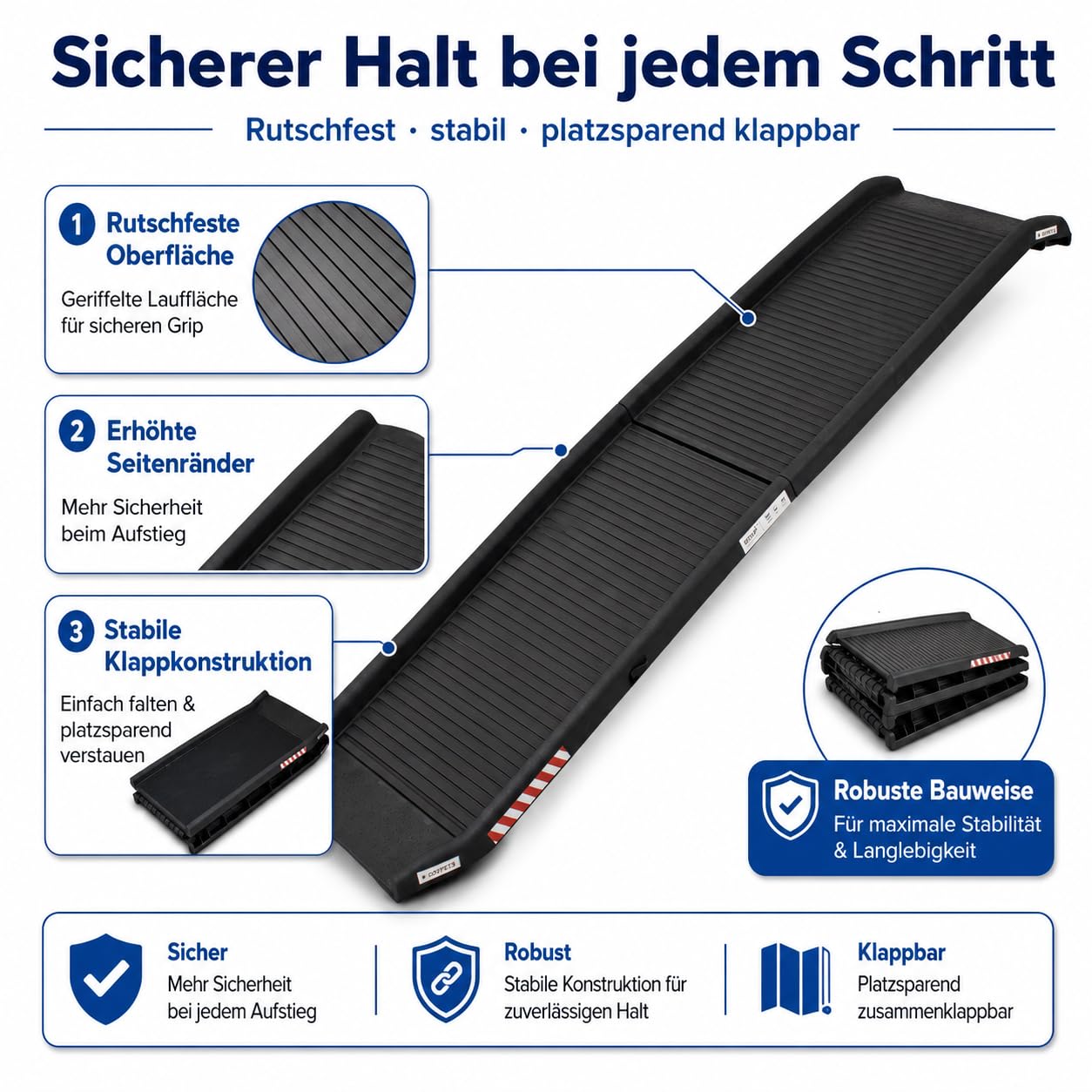 BITUXX® Hunderampe Auto klappbar bis 90 kg belastbar 155 x 39 x 9 cm | Einstiegshilfe Hund Antirutsch Oberfläche leicht zusammenklappbar Rampe für Hunde Autorampe